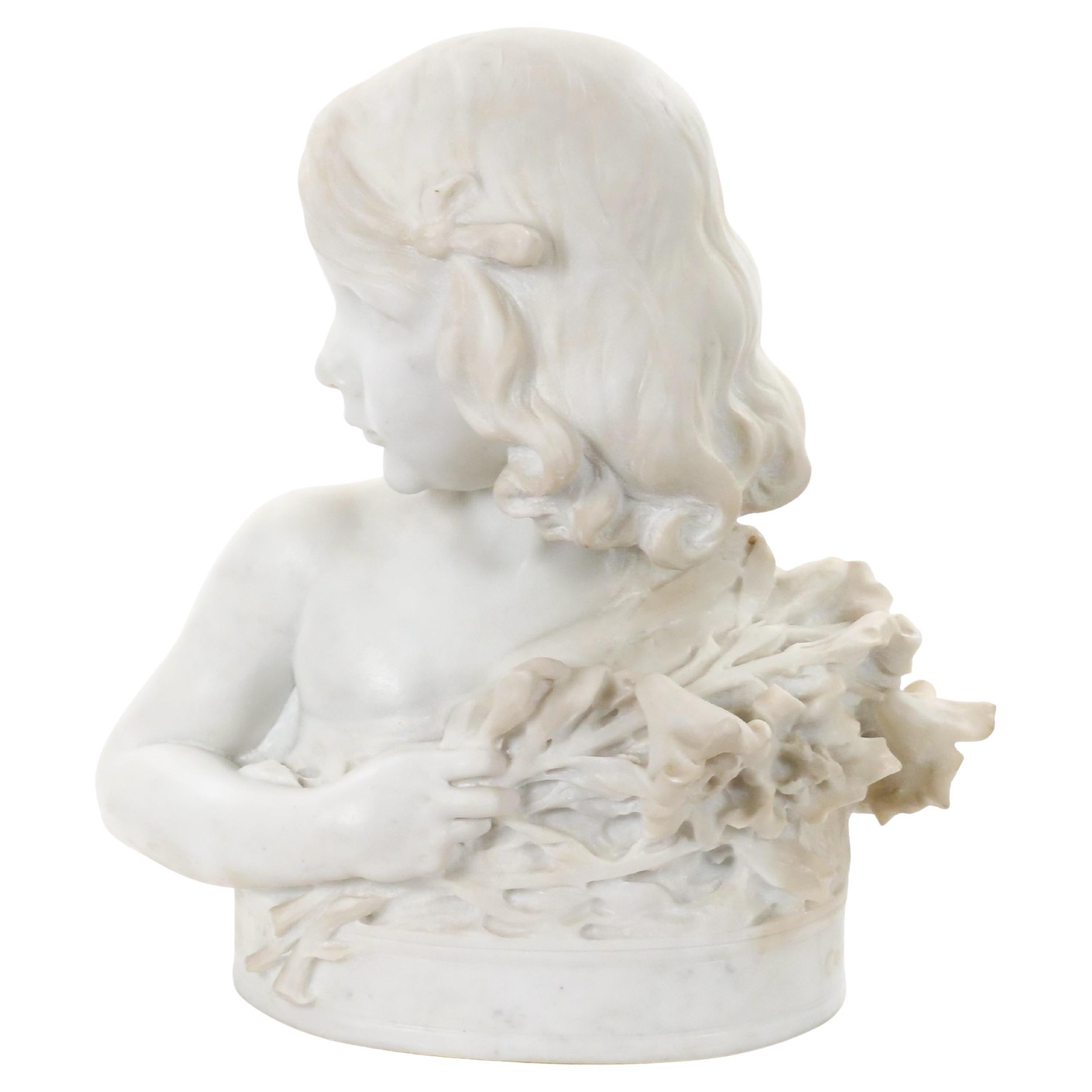 Antiguo Busto Retrato de Niña en Mármol de Carrara Italiano de Pietro Canonica