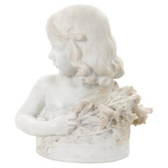 Antiguo Busto Retrato de Niña en Mármol de Carrara Italiano de Pietro Canonica