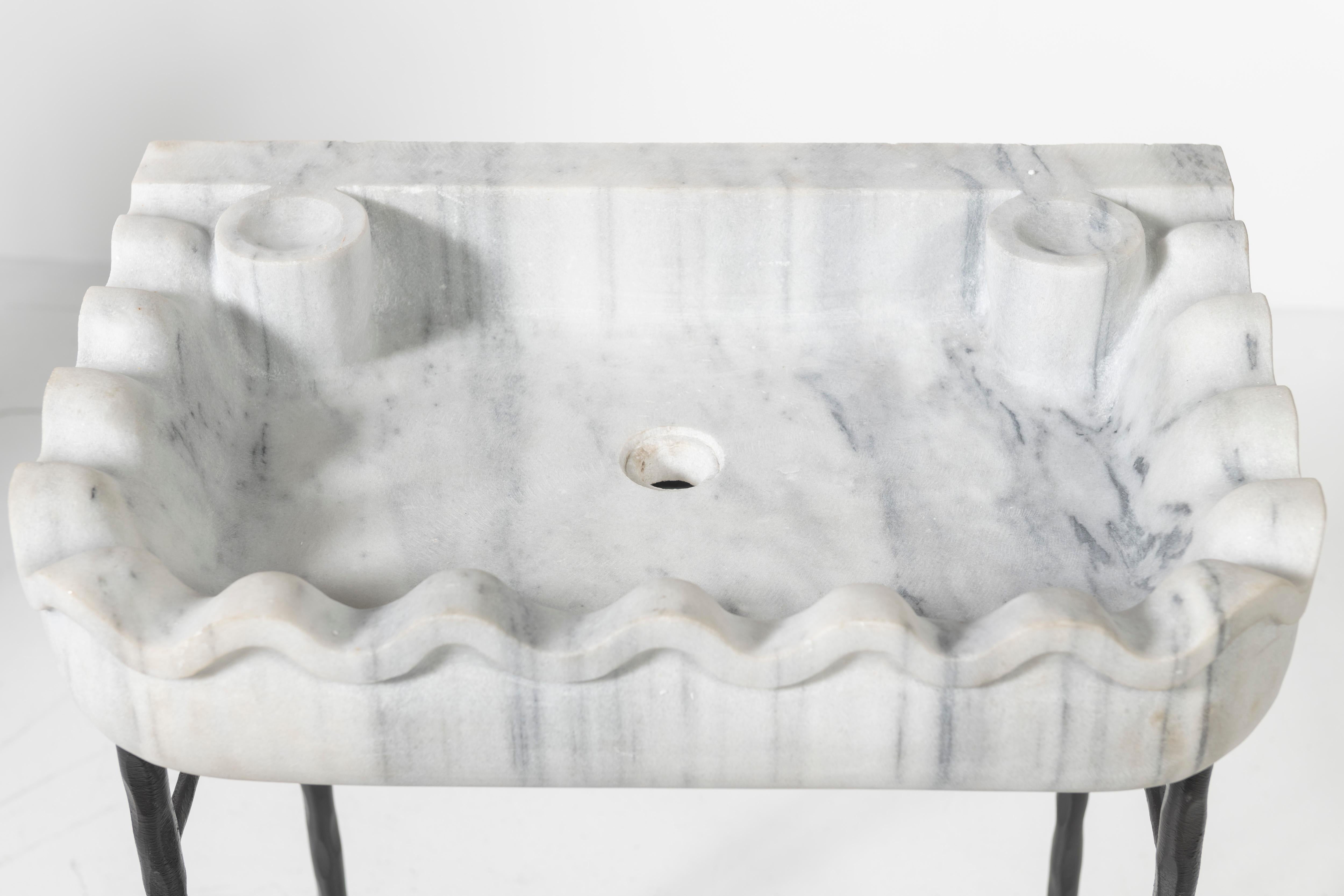 Classical Roman Antique Italian Carrera Marble Sink Basin with Hand Forged Iron Stand