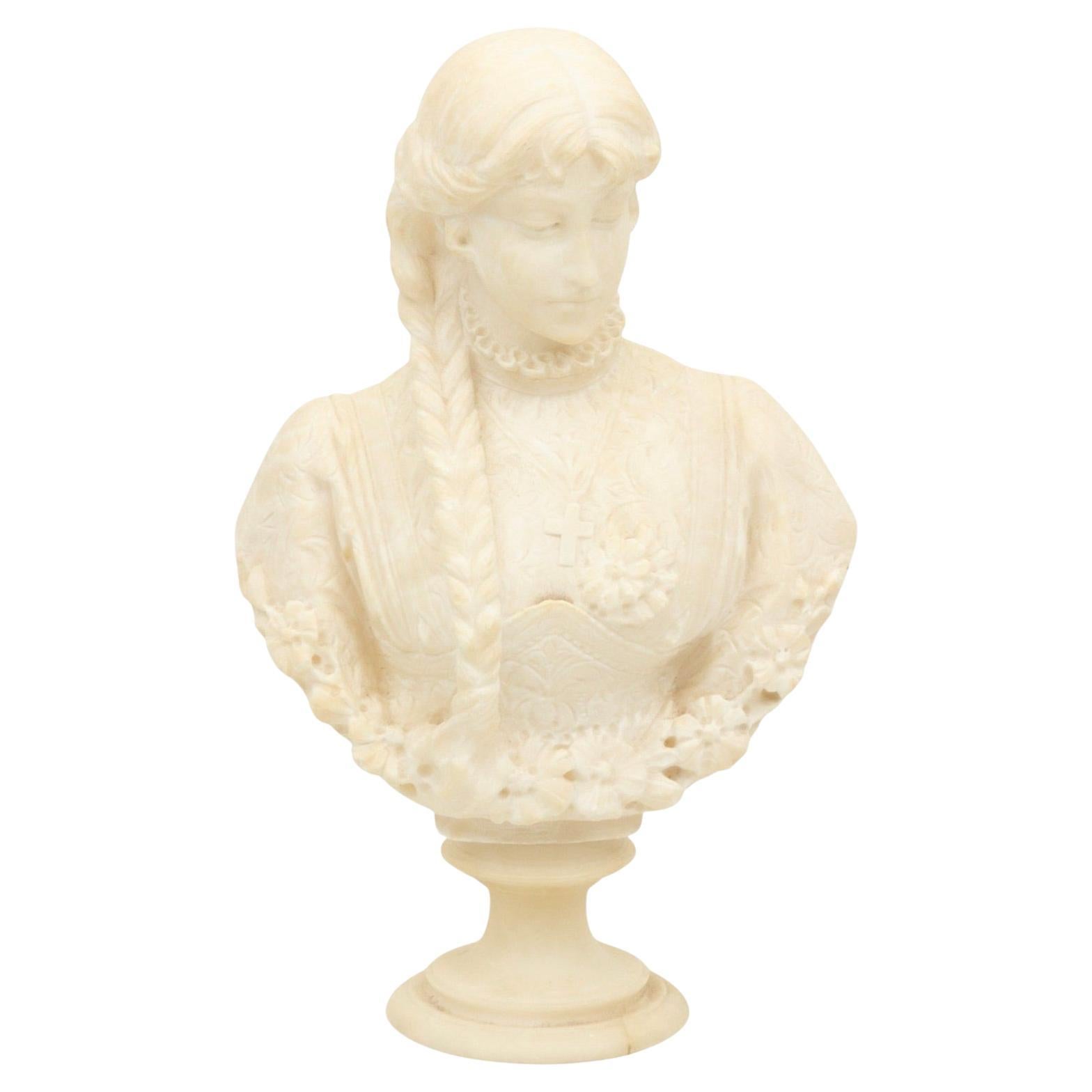 Antique Italian Carved Alabaster Bust Marguerite from Goethe’s Faust, circa 1890 For Sale