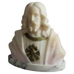 Antique Italian Carved Alabaster Bust Sculpture of Jesus Christ, c1890