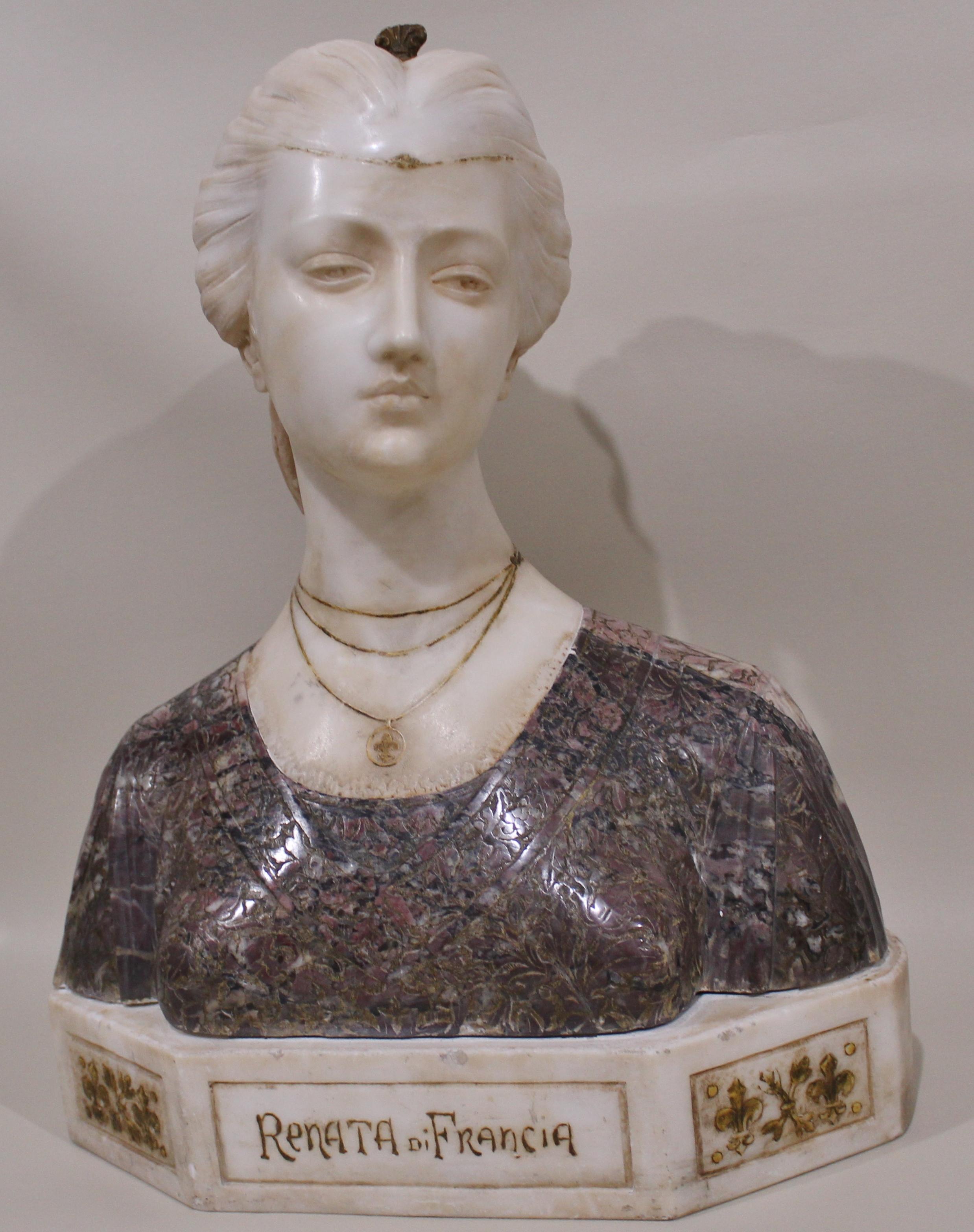 Antique carved alabaster bust depicting the Duchess of Ferrara, Renata Di Francia. The lower body of the bust may be composed of marble or other hard stone, but is of a different material than the head and neck respectively. The bust sits on a
