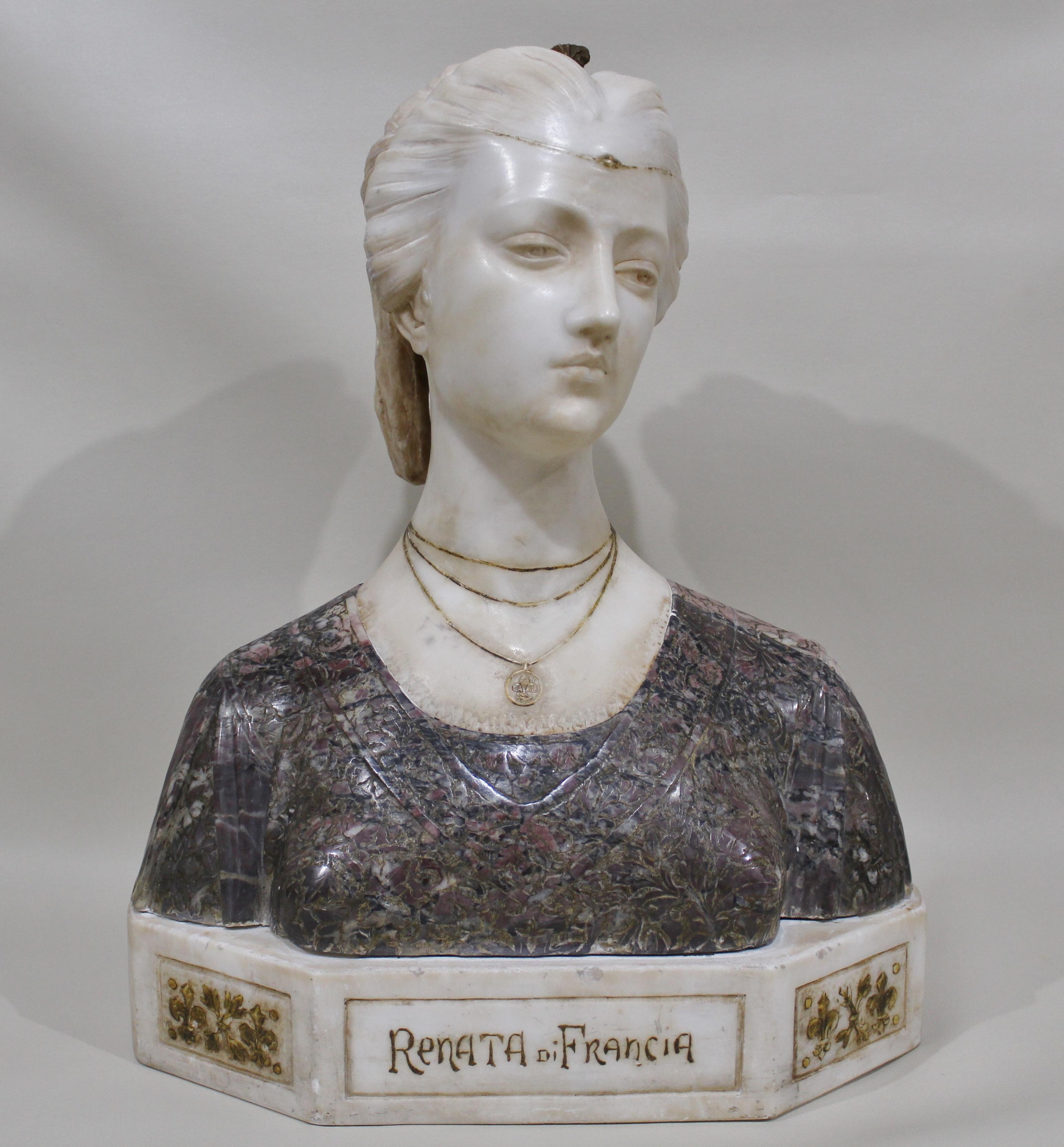 Antique Italian Carved Alabaster Bust Sculpture Renata Di Francia Ferrara Study In Distressed Condition In Hamilton, Ontario