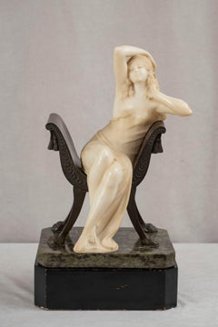 Antique Italian Carved Alabaster Maiden Seated in Bronze Chair, by E. Fiaschi