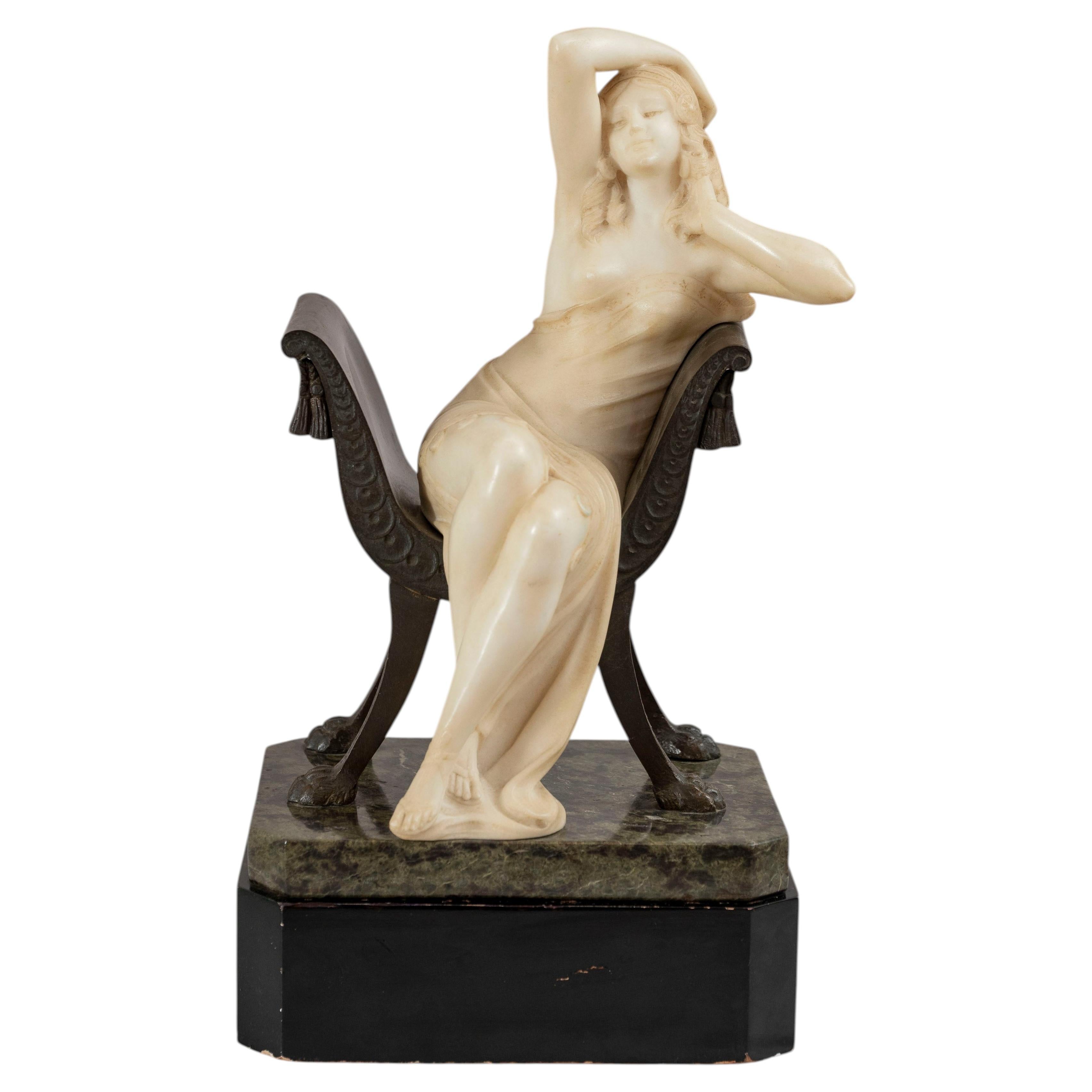 Antique Italian Carved Alabaster Maiden Seated in Bronze Chair, by E. Fiaschi