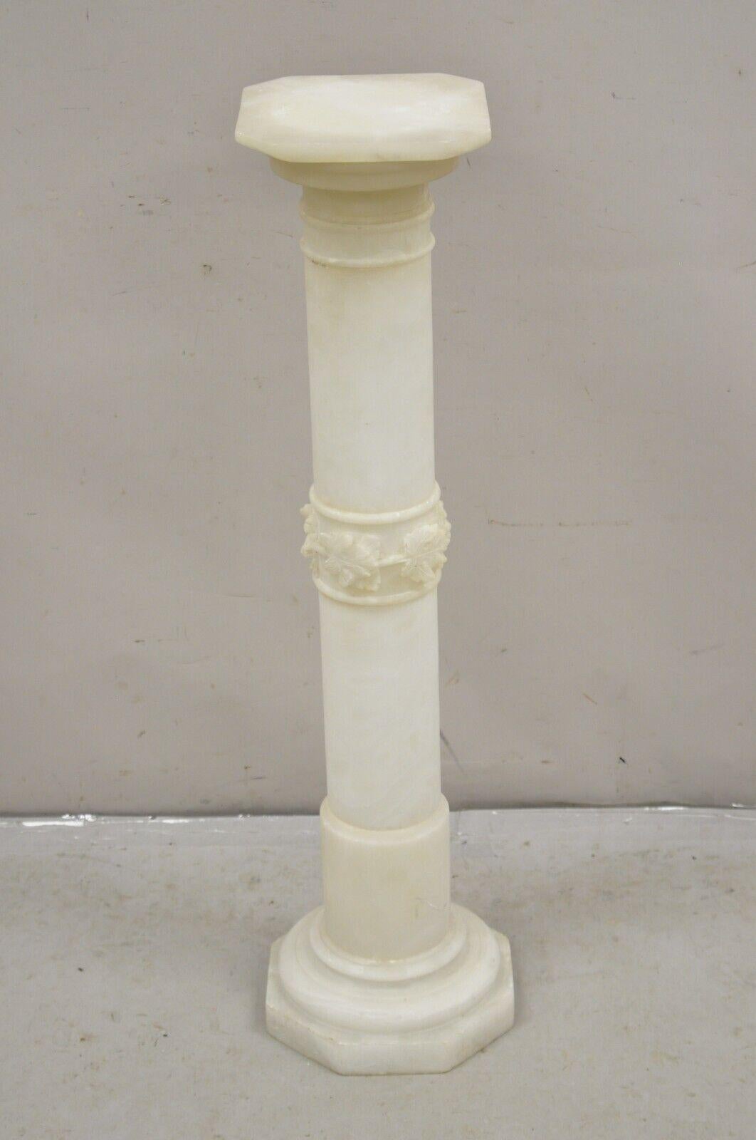Antique Italian Carved Alabaster Maple Leaf Classical Pedestal Column Stand. Circa Early 1900s.
Measurements: 
39.5