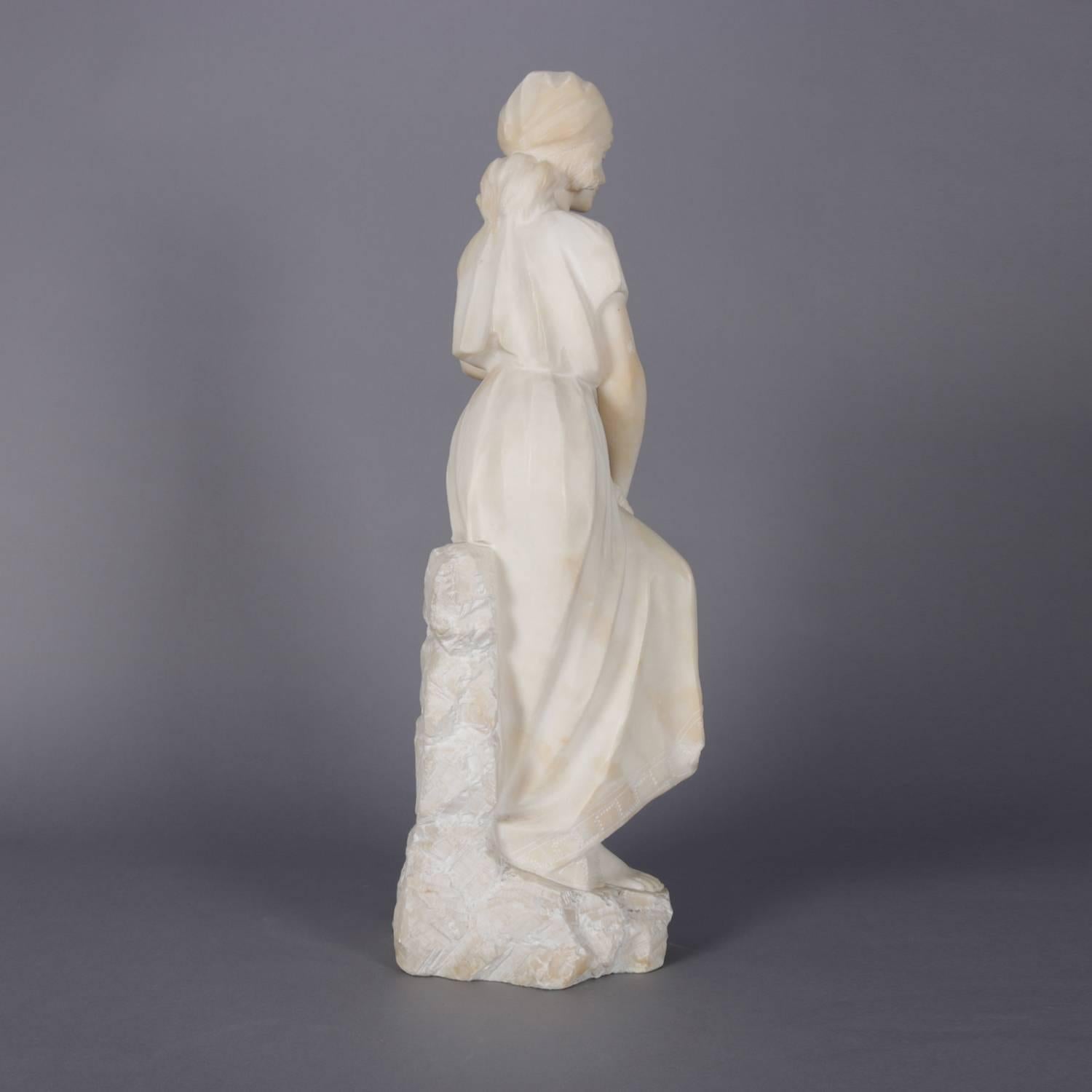 Antique Italian Carved Alabaster Sculpture of Woman at the Well, Signed 3