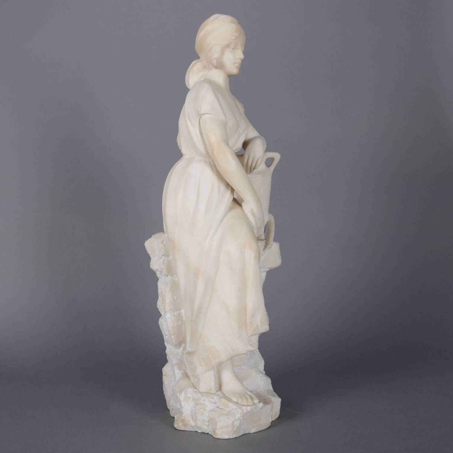 Antique Italian carved alabaster full length portrait sculpture depicts a woman with her water vessel at the well, well executed and fine detail, signed illegible, 19th century

Measures - 25
