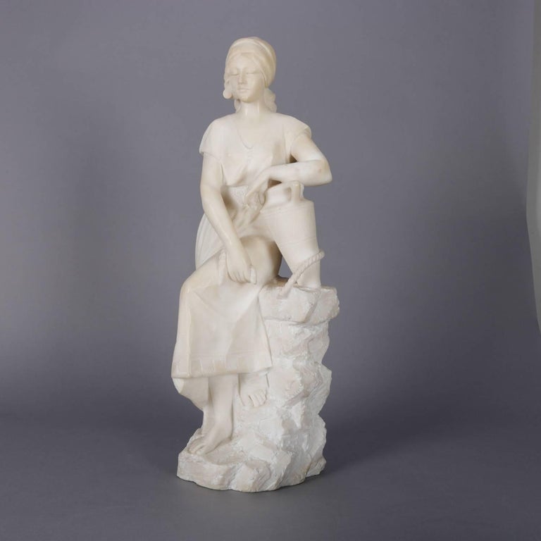 Antique Italian Carved Alabaster Sculpture of Woman at the Well, Signed