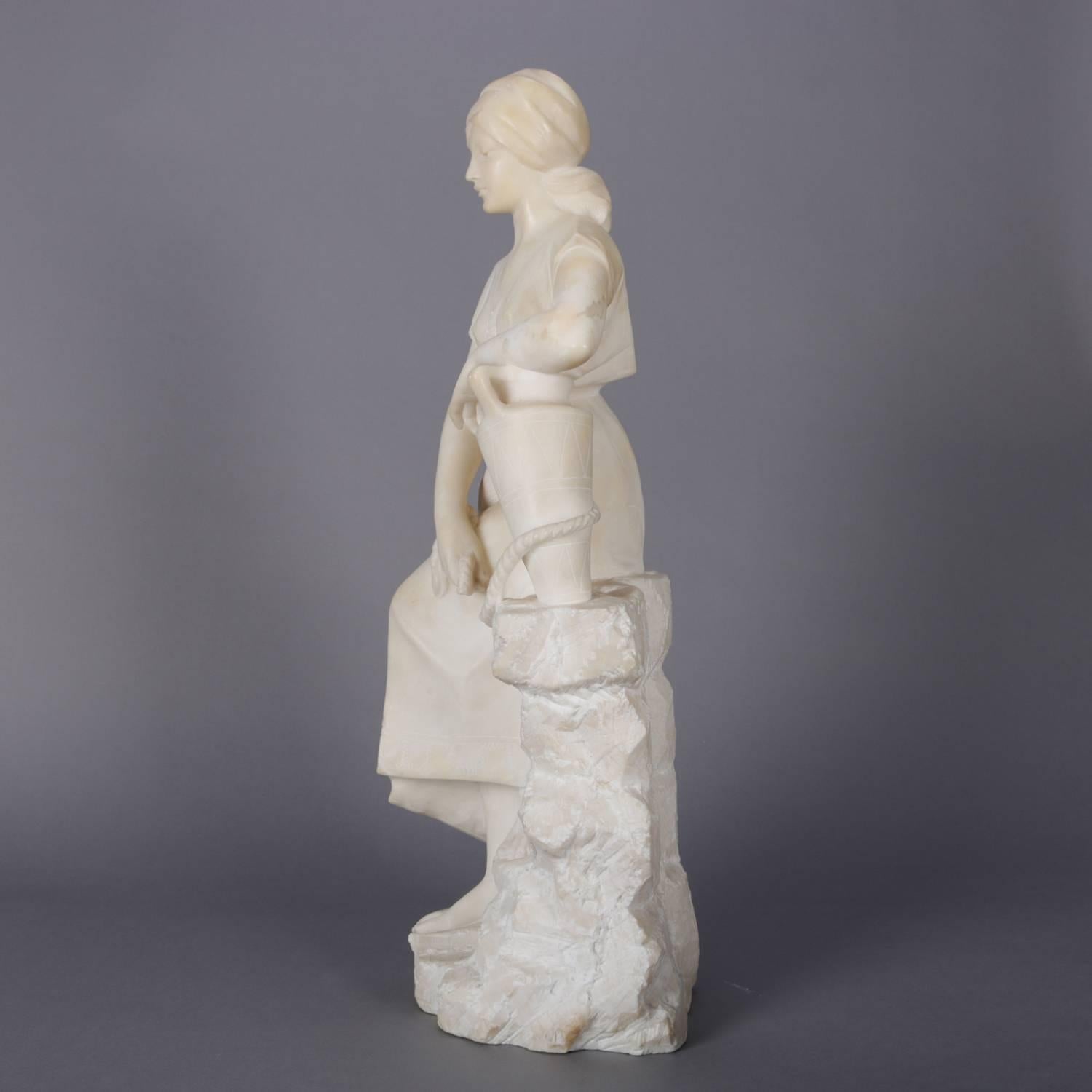 19th Century Antique Italian Carved Alabaster Sculpture of Woman at the Well, Signed