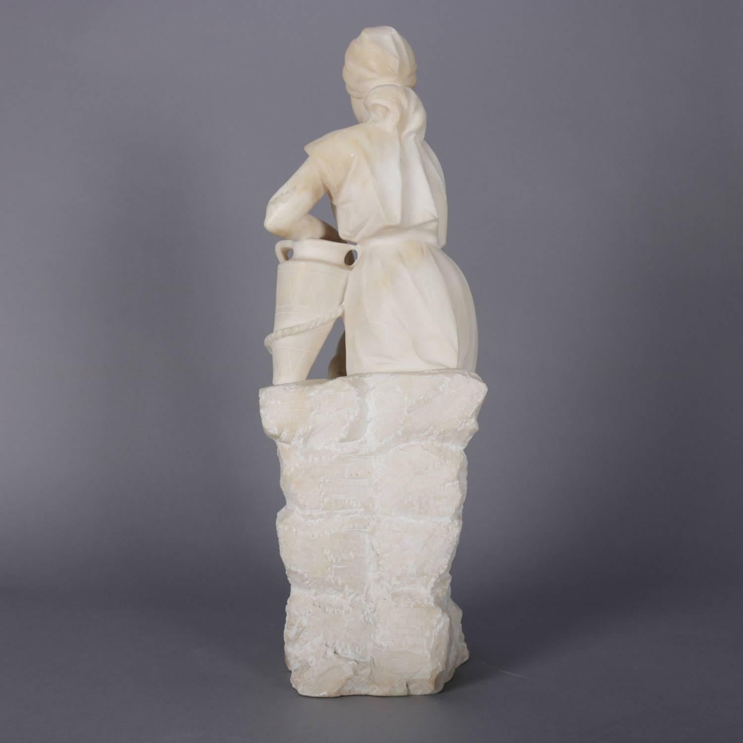 Antique Italian Carved Alabaster Sculpture of Woman at the Well, Signed 1