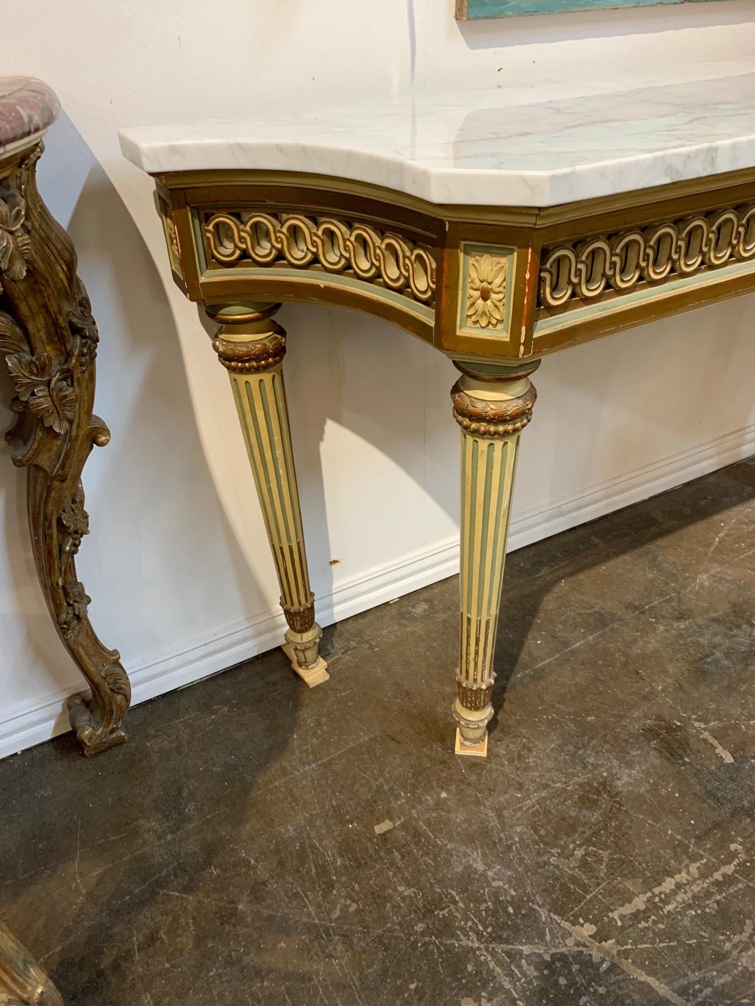 Antique Italian Carved and Painted Console with Marble Top In Good Condition In Dallas, TX
