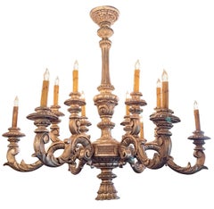 Antique Italian Carved and Silver Giltwood 12-Light Chandelier