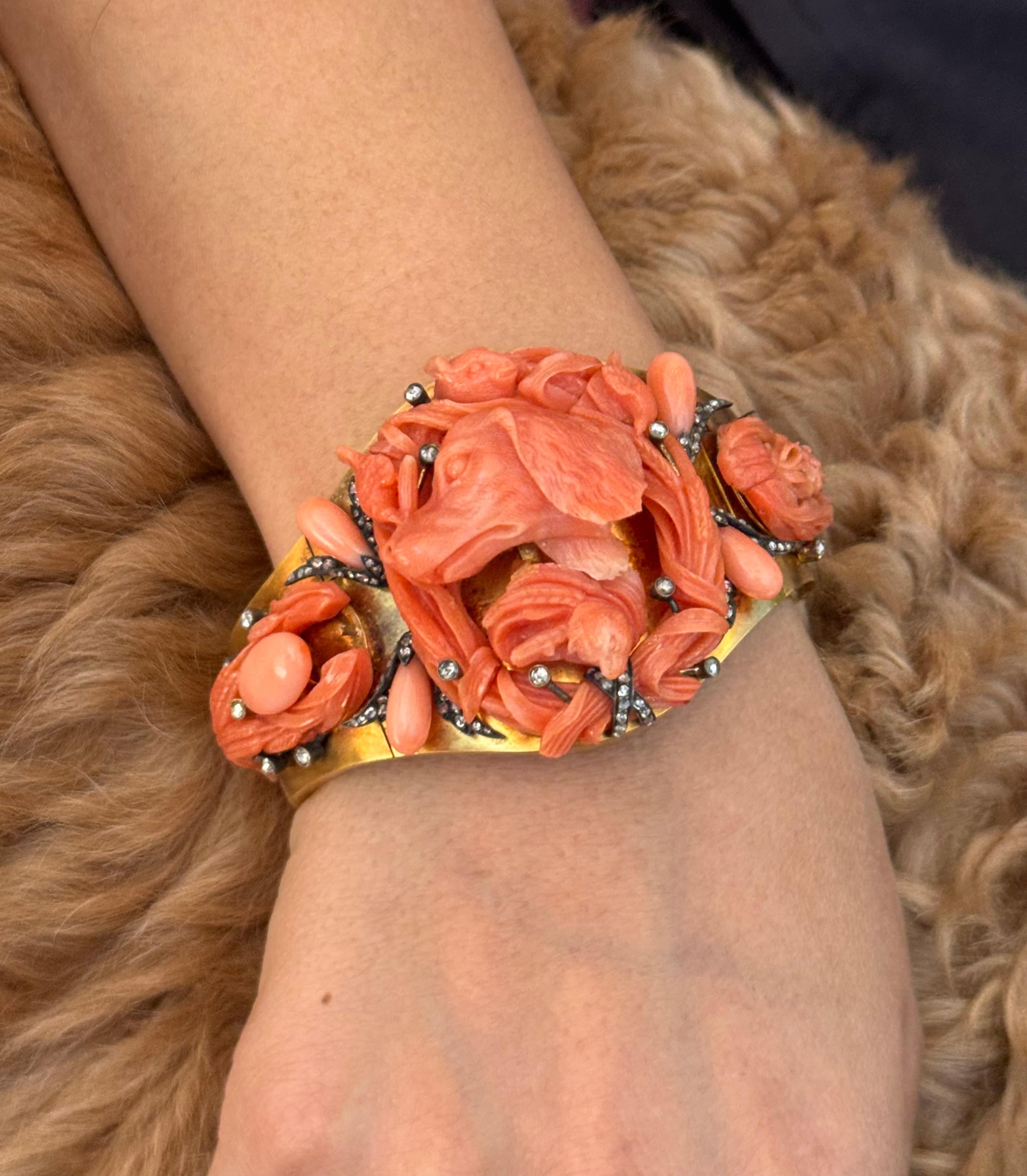 Victorian Antique Italian Carved Coral and Gold Bracelet with Hunting Dog Motif For Sale