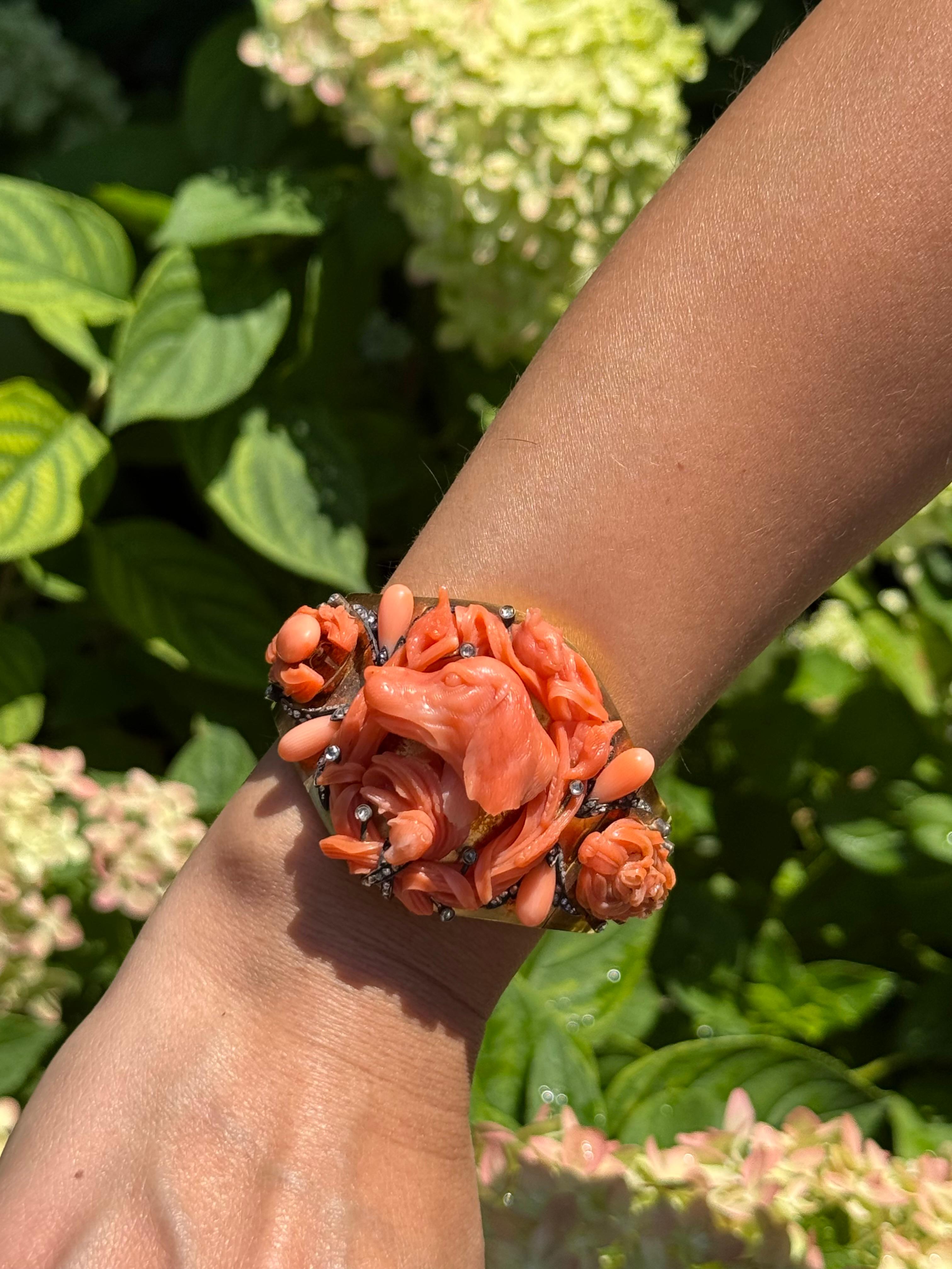 Cabochon Antique Italian Carved Coral and Gold Bracelet with Hunting Dog Motif For Sale