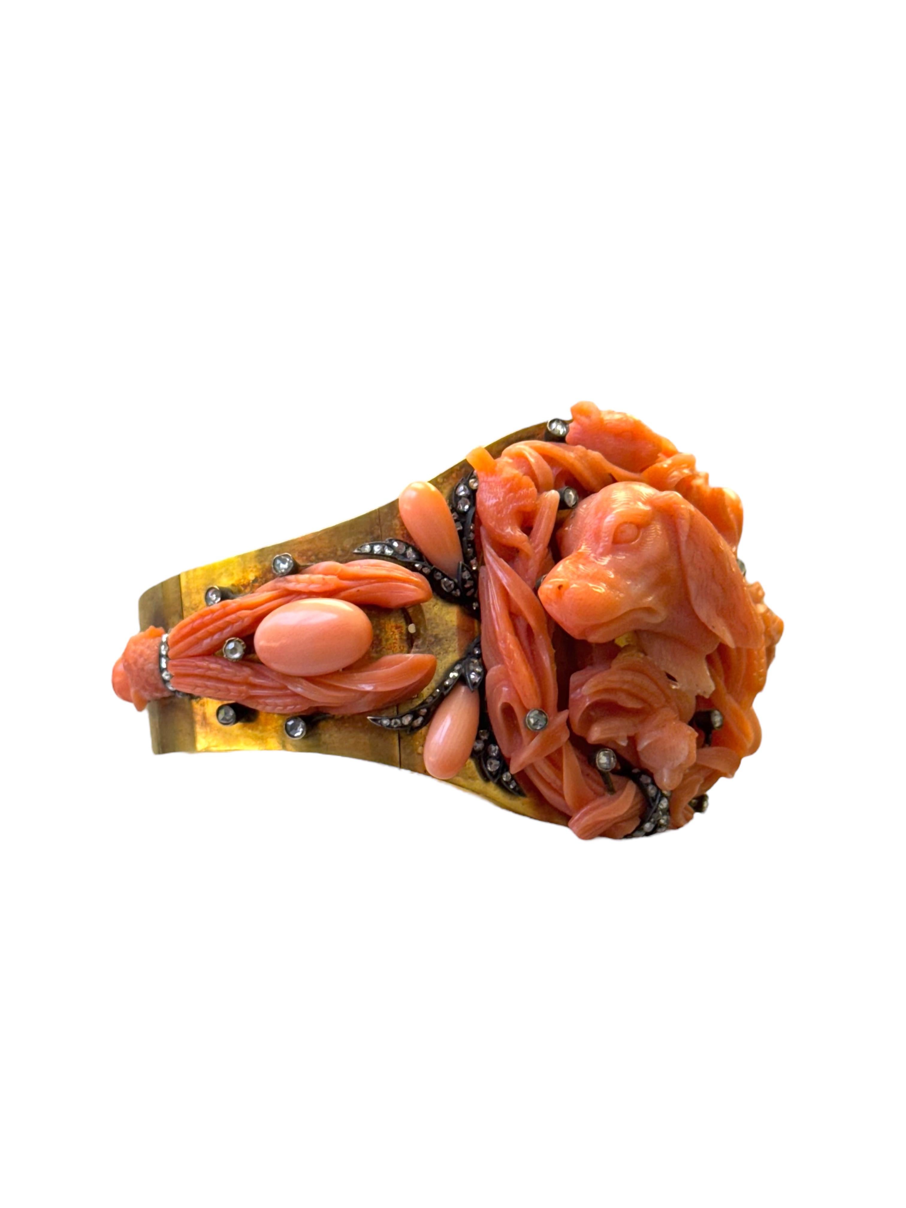 Women's or Men's Antique Italian Carved Coral and Gold Bracelet with Hunting Dog Motif For Sale
