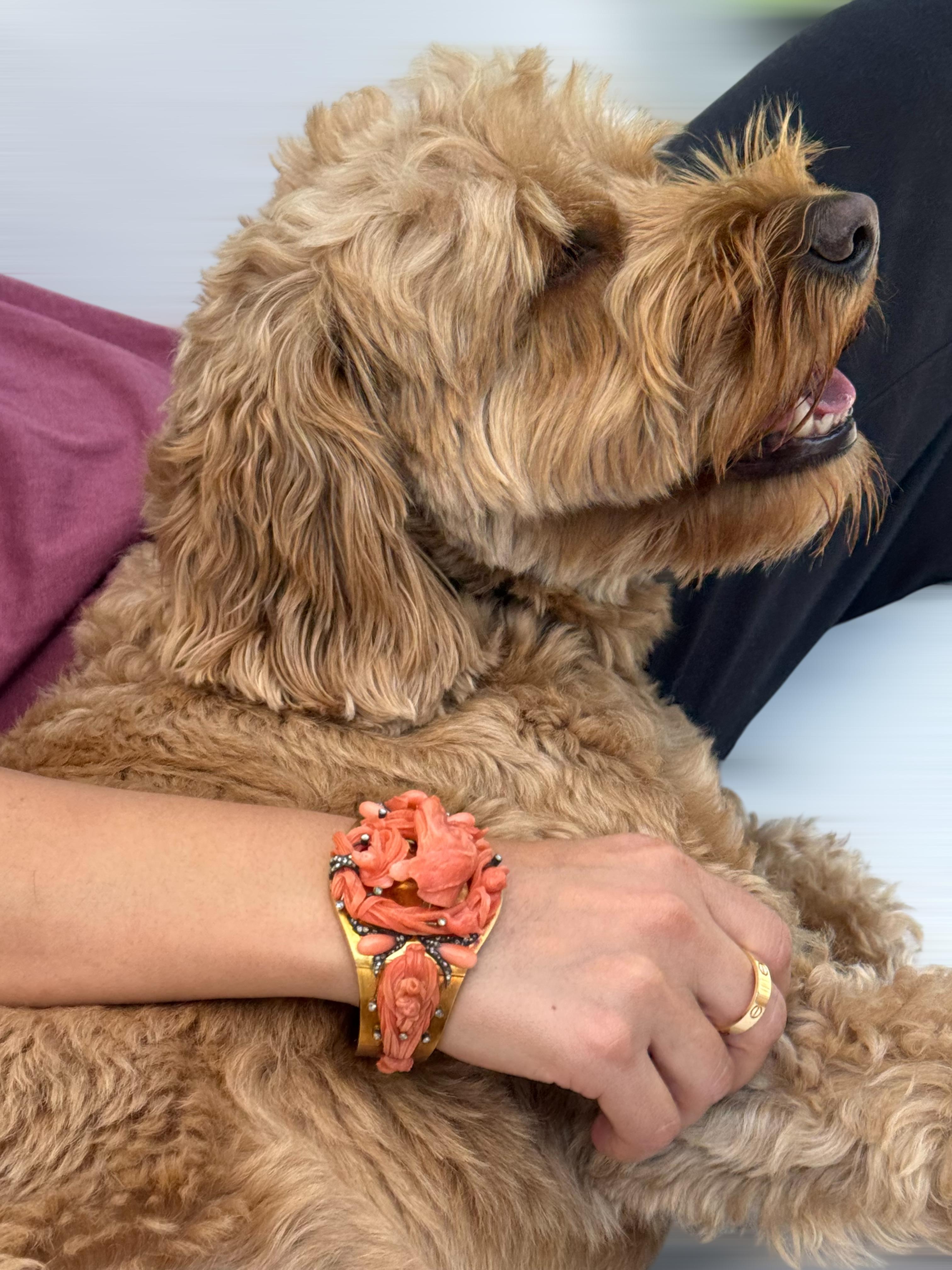 Antique Italian Carved Coral and Gold Bracelet with Hunting Dog Motif For Sale 3