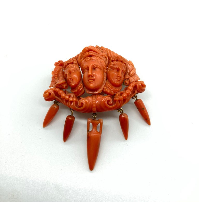 Antique Italian Carved Coral Brooch