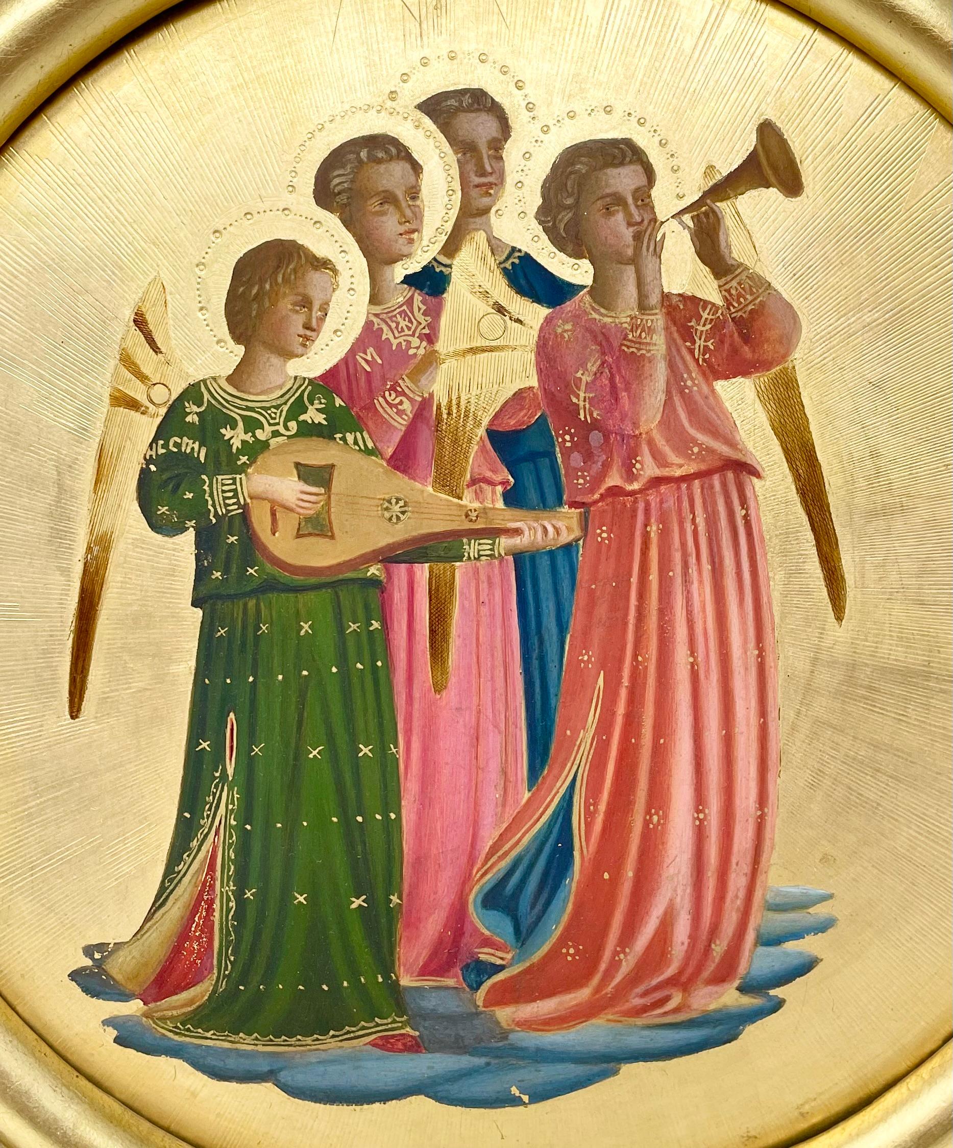 Antique Italian Hand-Carved Giltwood Painted Round Panel in a Gilt Fretwork Frame, Circa 1920-1930.
Icons Painting of Musician Angels after Fra Angelico.