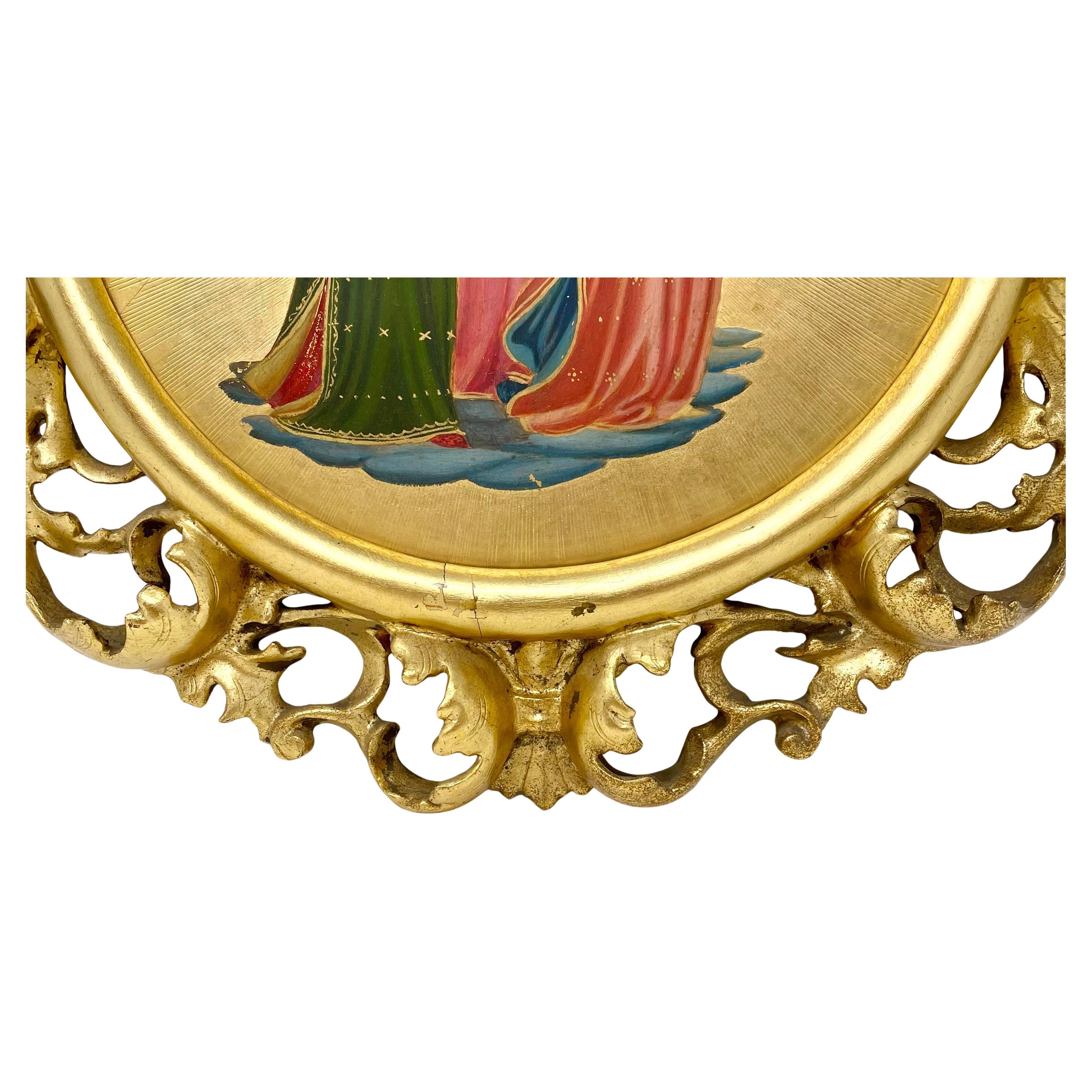 Antique Italian Carved Fretwork Framed Gilt Wood Archangel Icons Painting. In Good Condition In New Orleans, LA