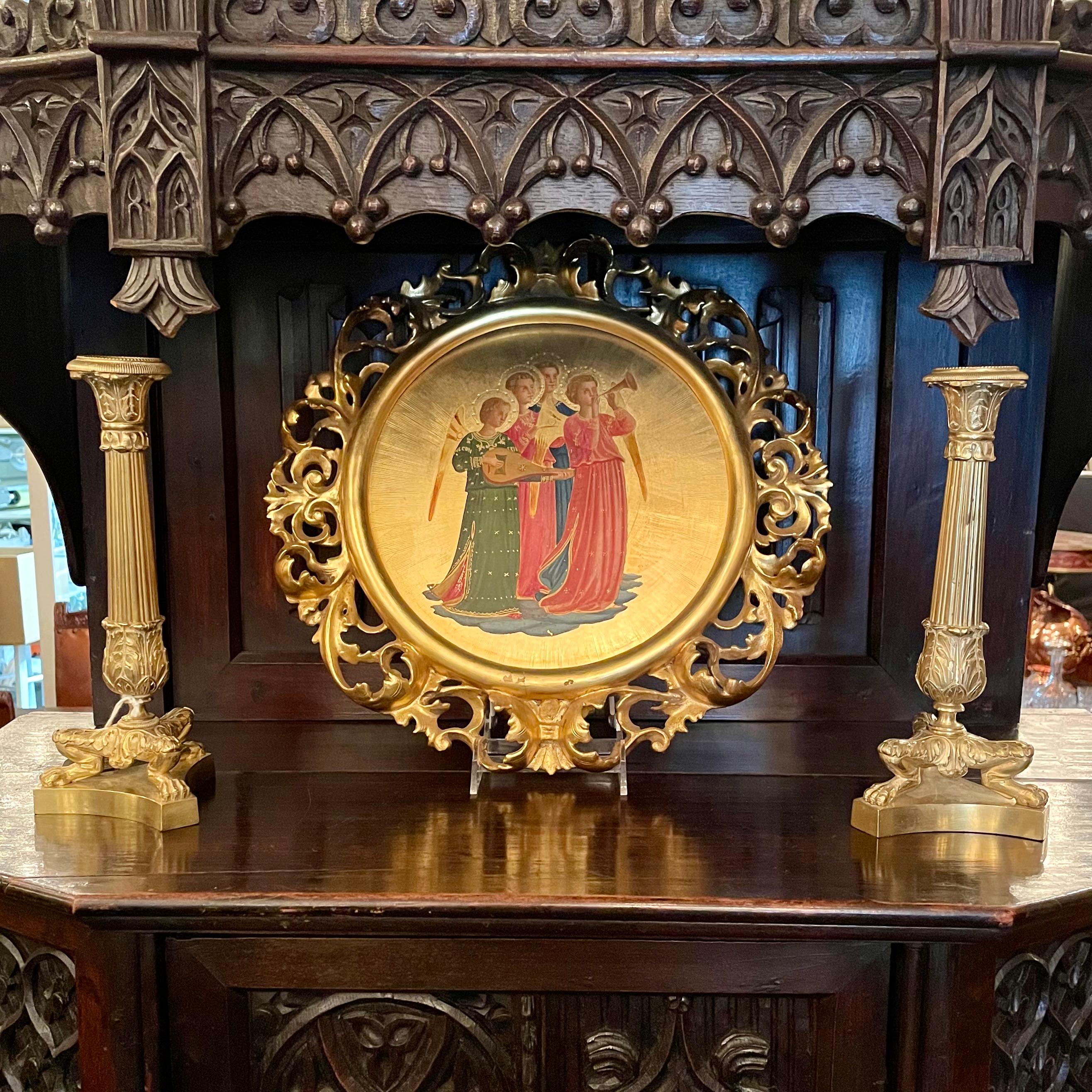 Antique Italian Carved Fretwork Framed Gilt Wood Archangel Icons Painting. 2
