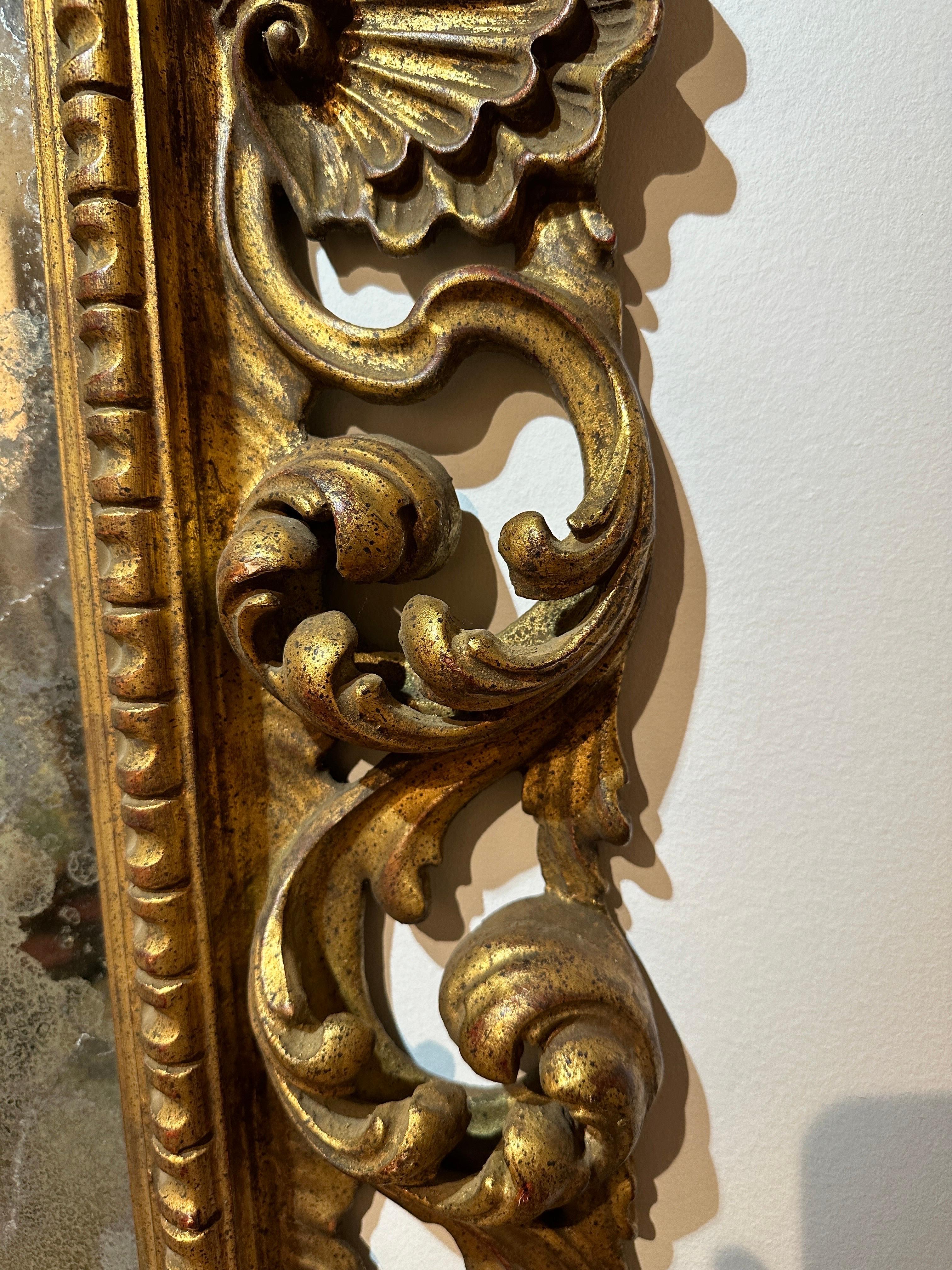 Antique Italian Carved Giltwood Frame and Antiqued Glass Wall Mirror For Sale 2