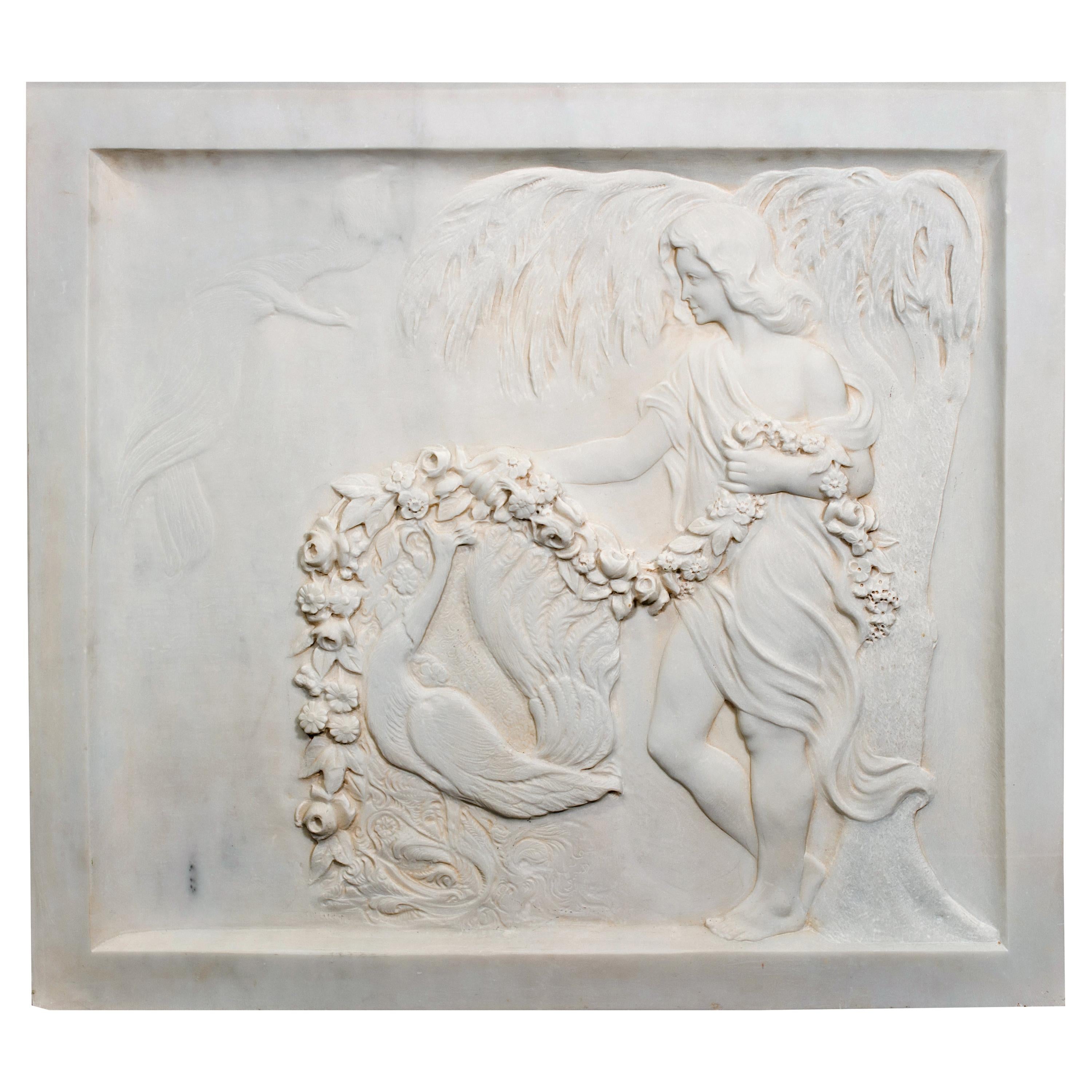 Antique Italian Carved Marble Bas Relief 'Lady and Peacock' For Sale