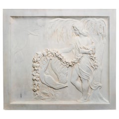 Antique Italian Carved Marble Bas Relief 'Lady and Peacock'