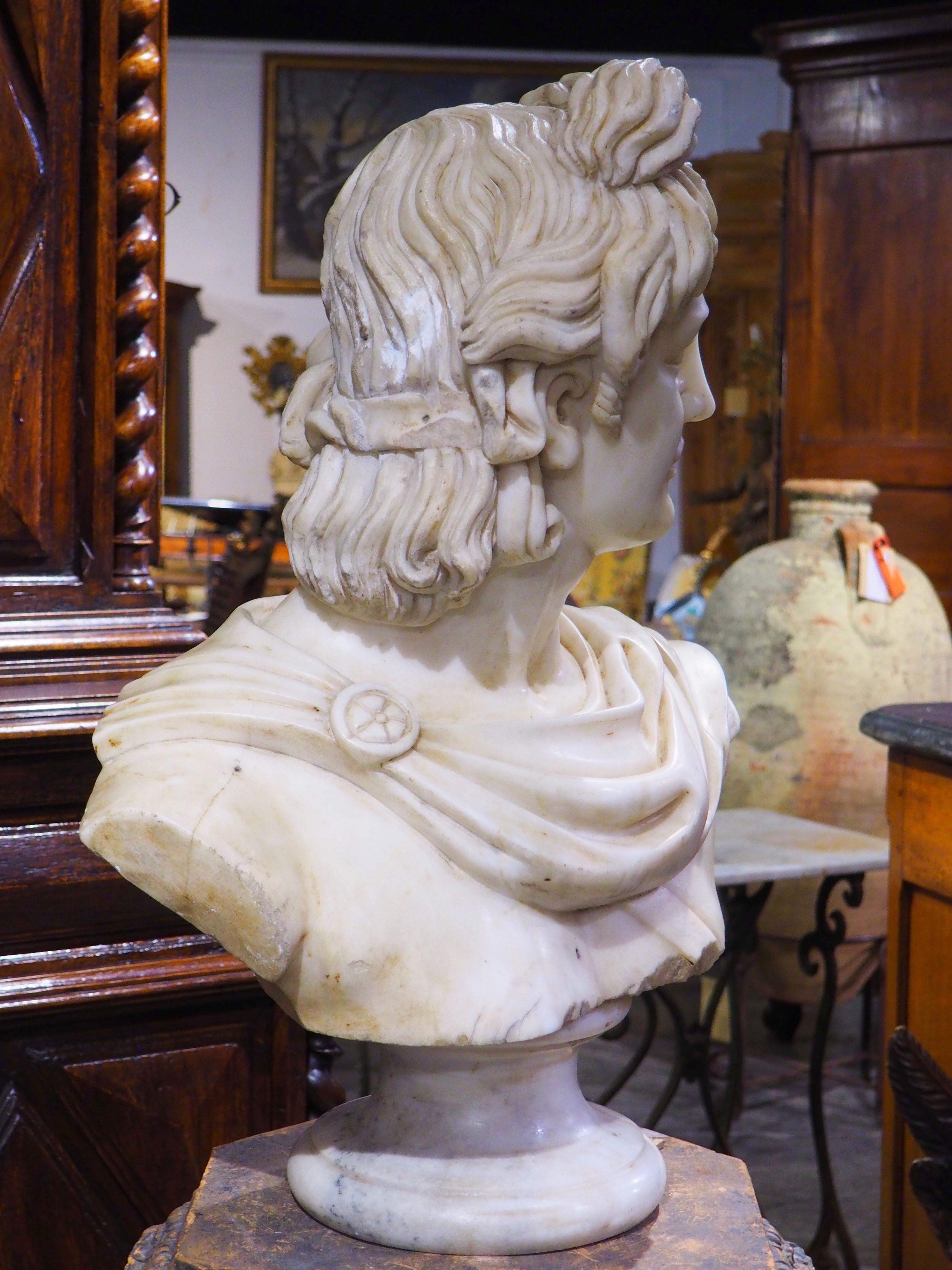 Hand-Carved Antique Italian Carved Marble Bust of Apollo Belvedere, 19th Century