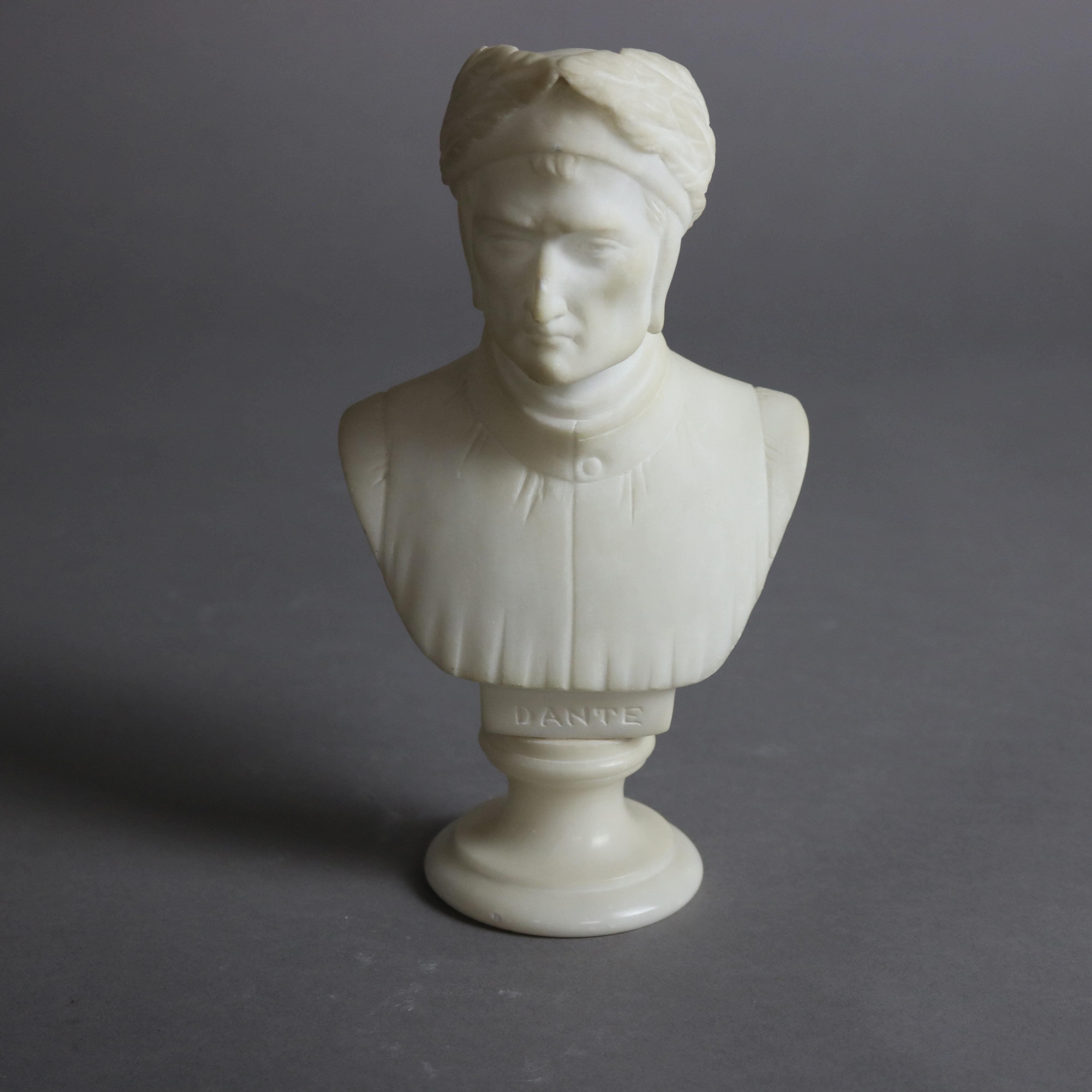 An antique Italian sculpture offers carved marble depicting a portrait bust of Dante Alighieri seated on stepped circular plinth, titled as photographed, c1890

Measures - 8.25''H x 4.5''W x 3''D.