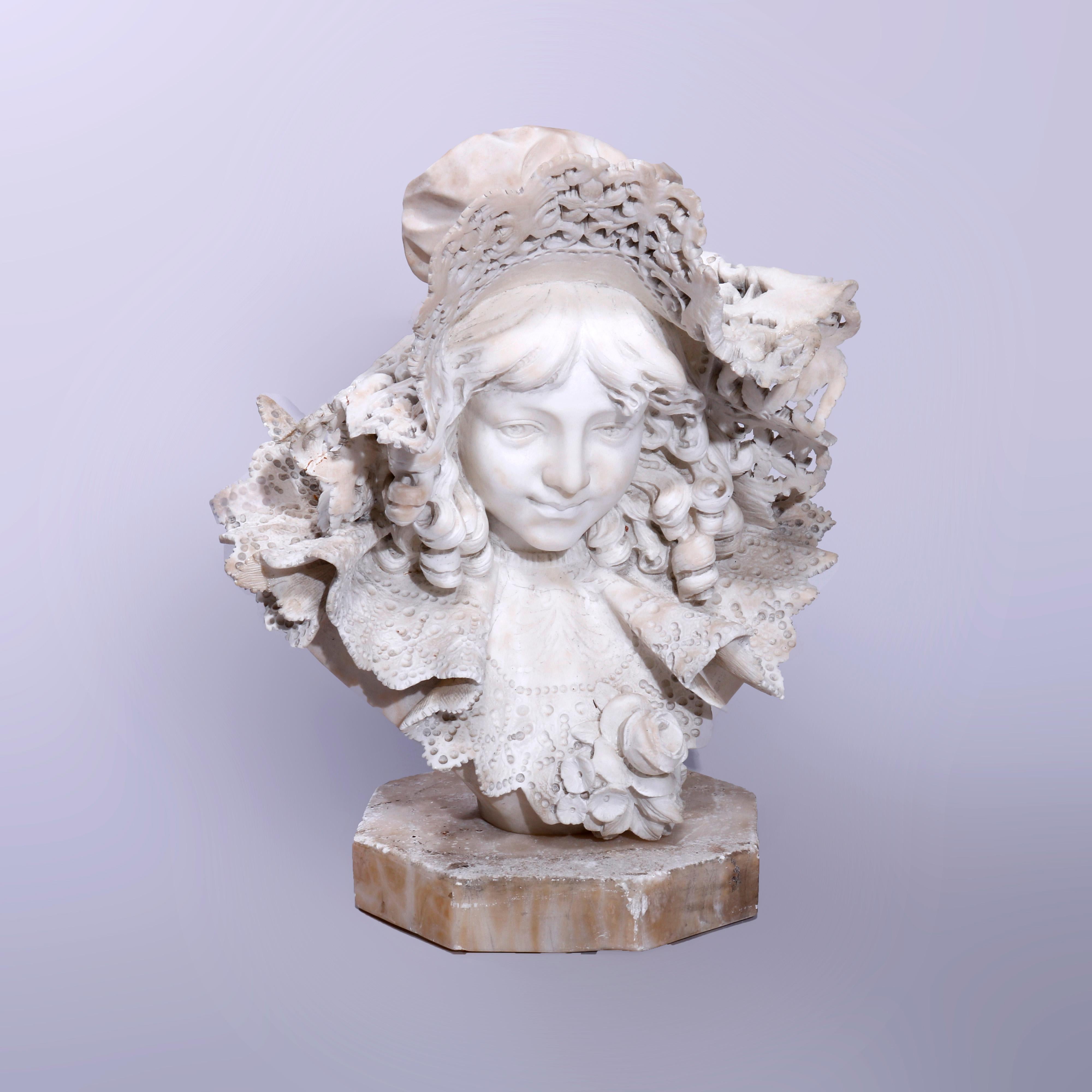 An antique Italian portrait sculpture offers carved marble bust of a young woman or girl in a ruffled lace bonnet, seated on base as photographed, c1890

Measures - overall 20''H x 15.5''W x 17.5''D; base only 2''H x 10''W x 10''D.

Catalogue Note: