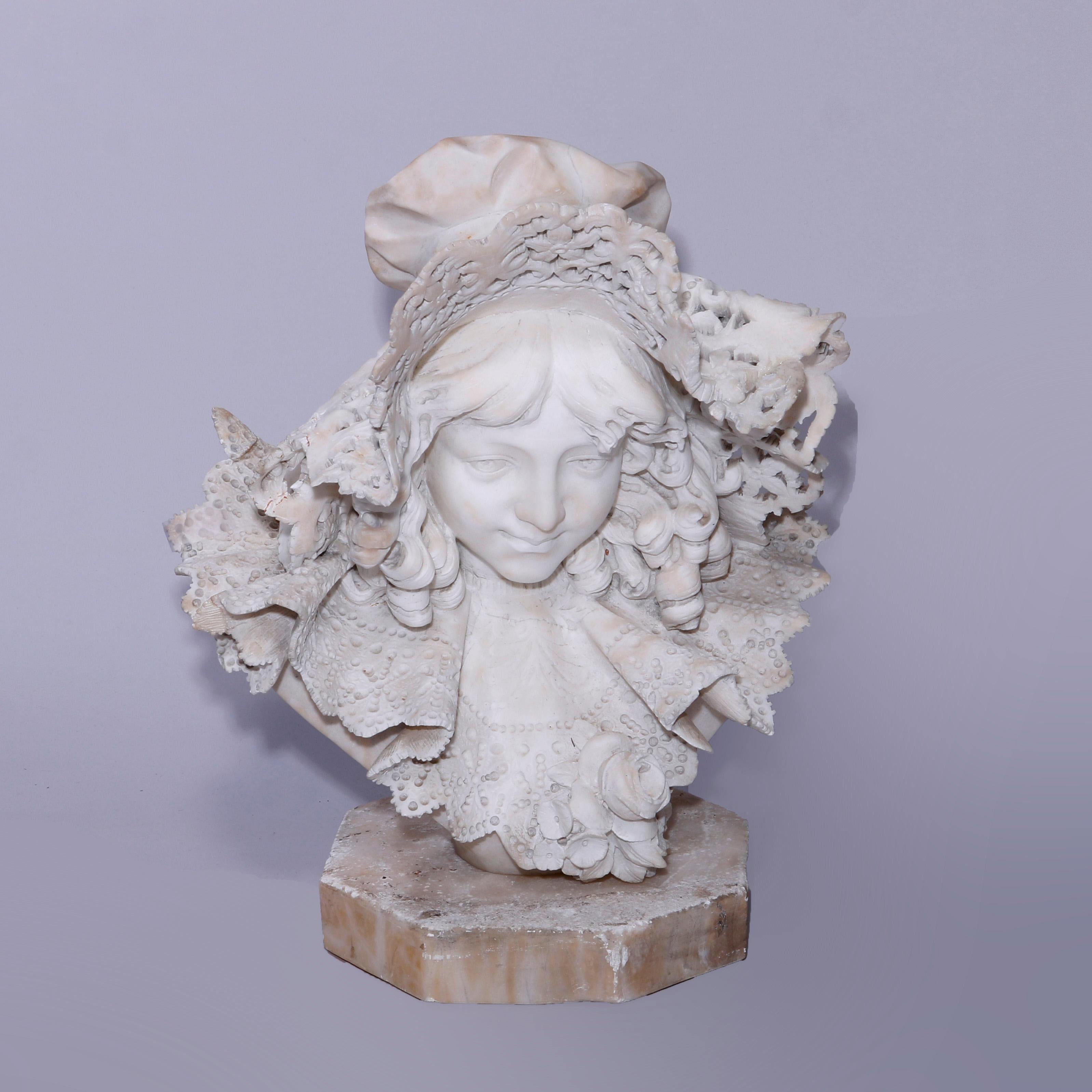 Antique Italian Carved Marble Portrait Sculpture of a Girl in a Lace Hat, c1890 In Good Condition In Big Flats, NY
