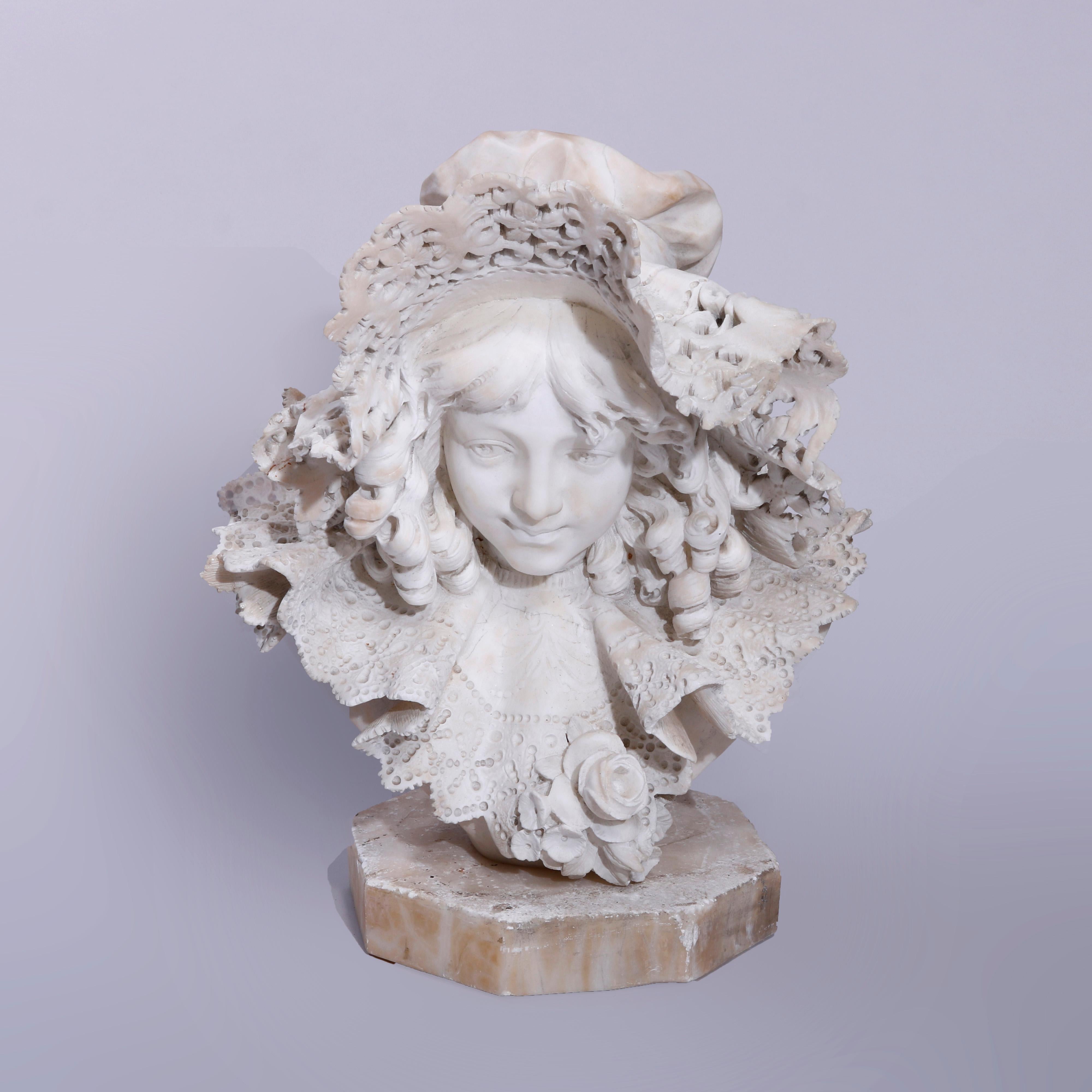 19th Century Antique Italian Carved Marble Portrait Sculpture of a Girl in a Lace Hat, c1890