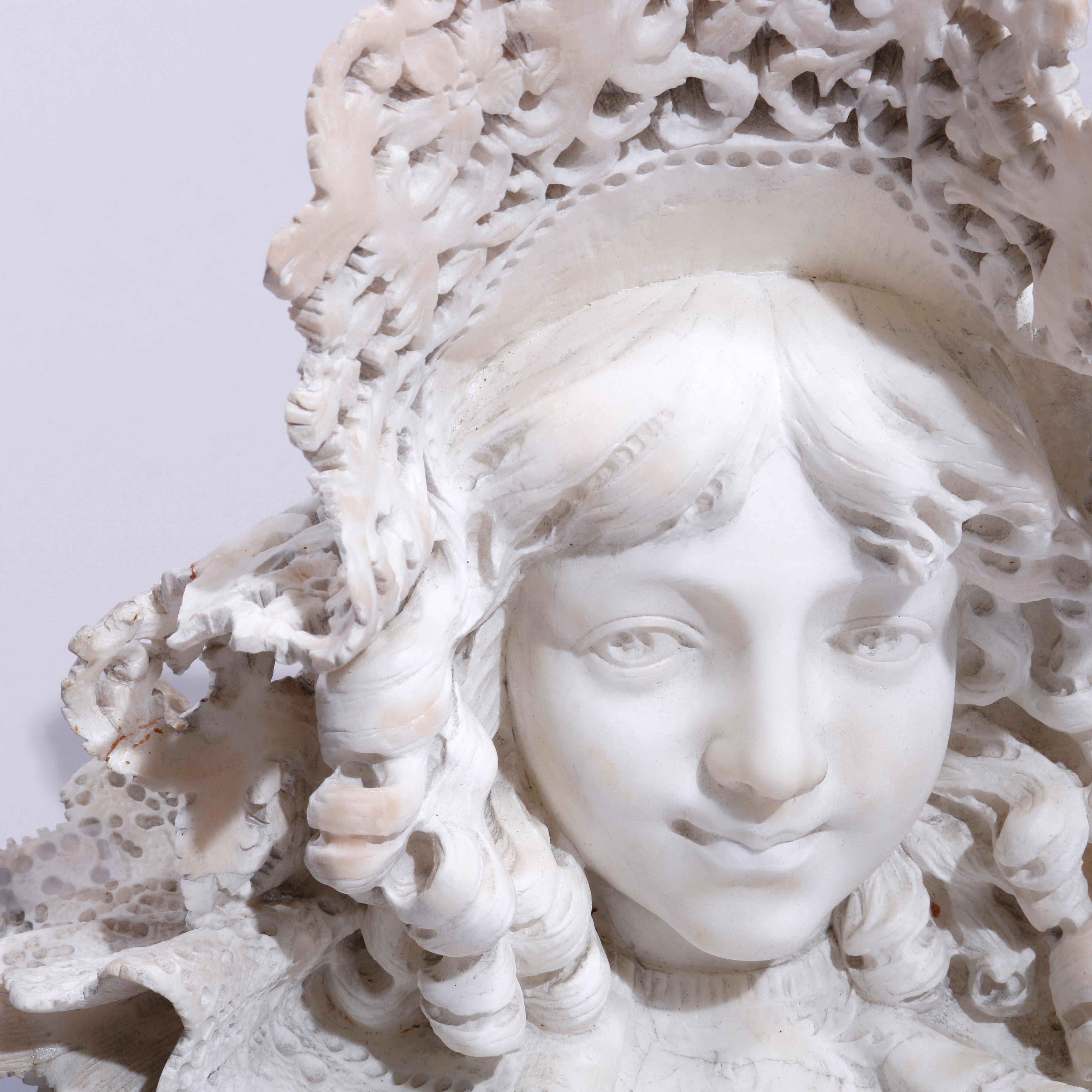Antique Italian Carved Marble Portrait Sculpture of a Girl in a Lace Hat, c1890 1