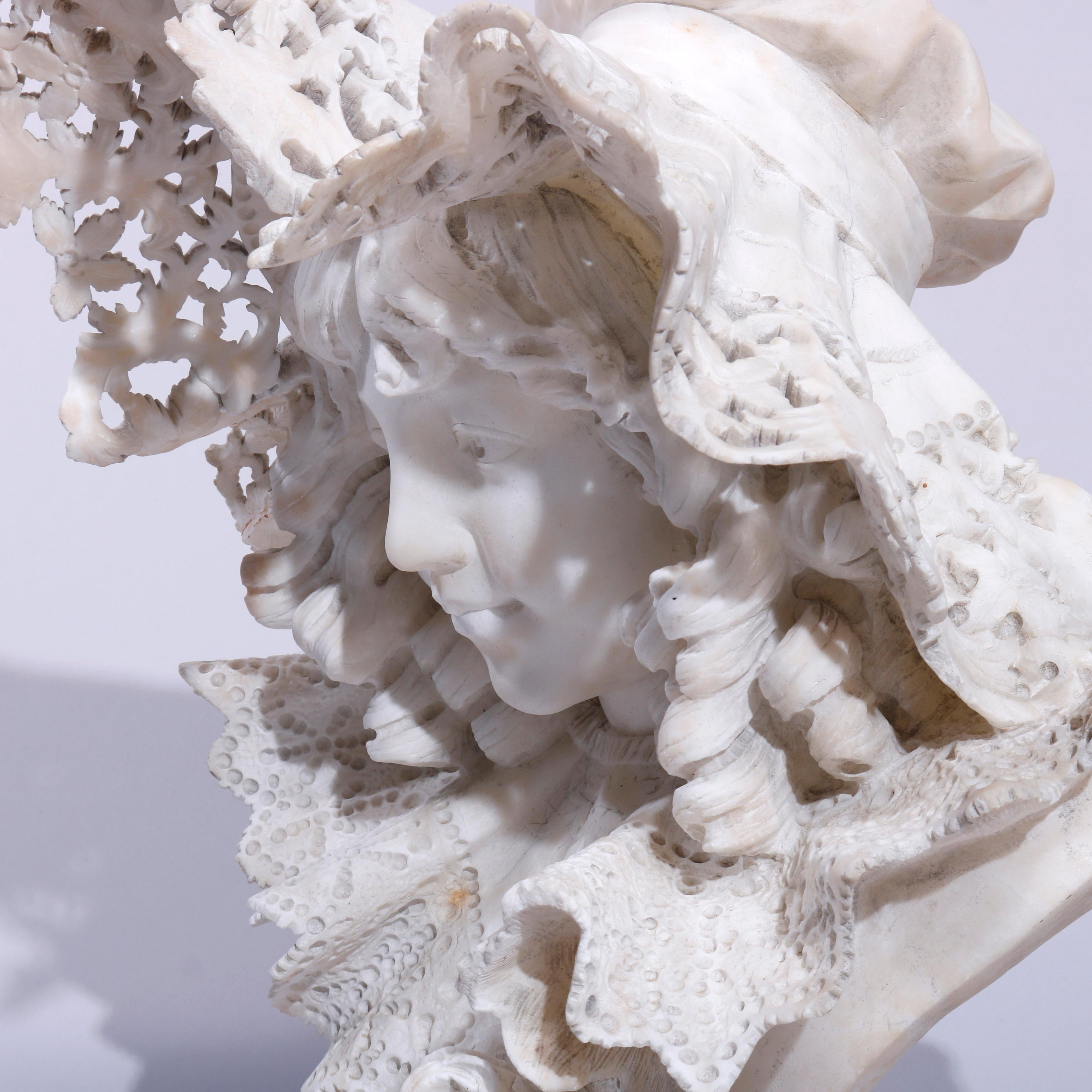 Antique Italian Carved Marble Portrait Sculpture of a Girl in a Lace Hat, c1890 4
