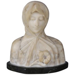 Antique Italian Carved Marble Portrait Sculpture of Mother Mary, circa 1900