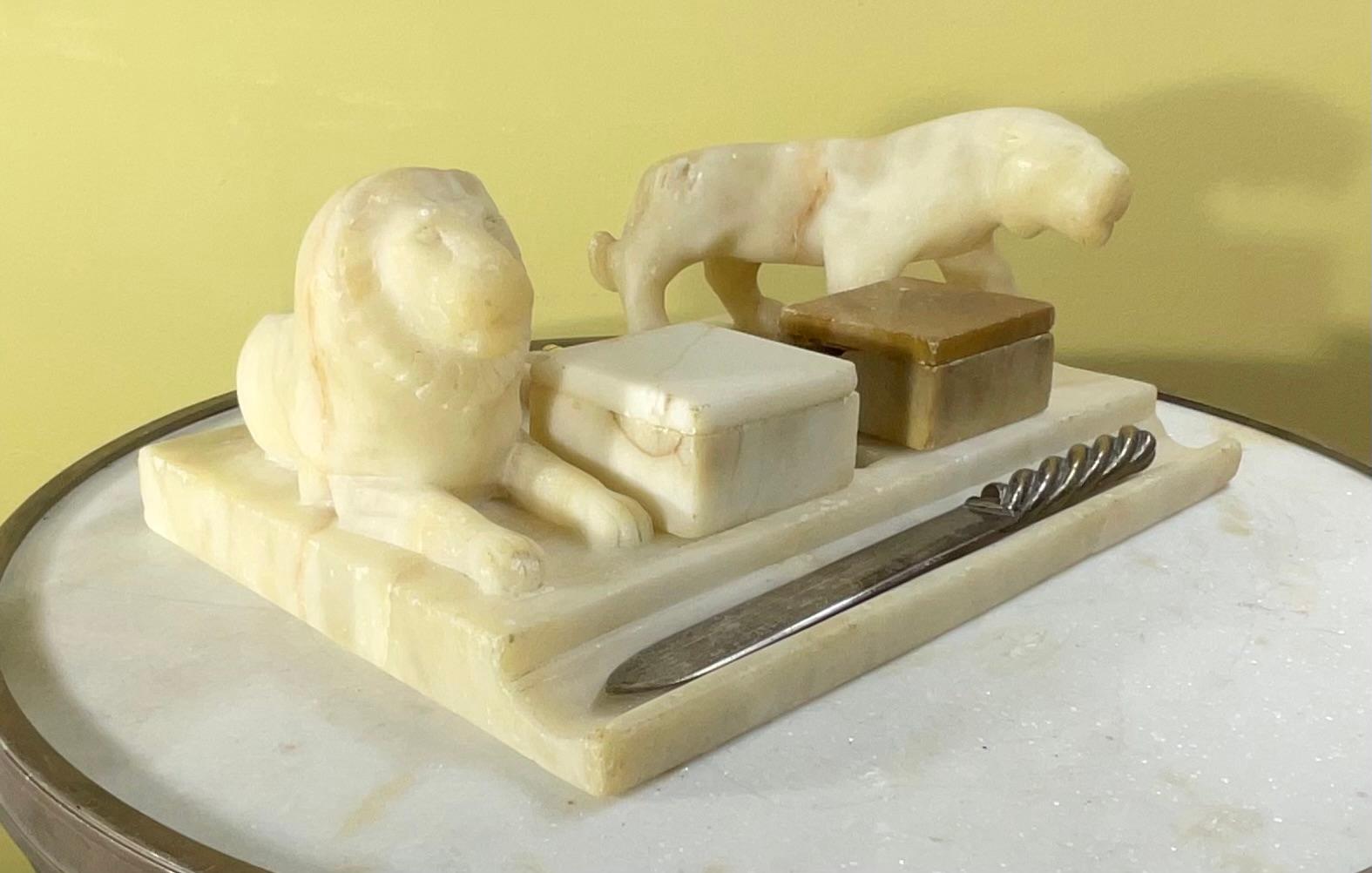 Antique Italian Carved Marble Stone Inkwell For Sale 7