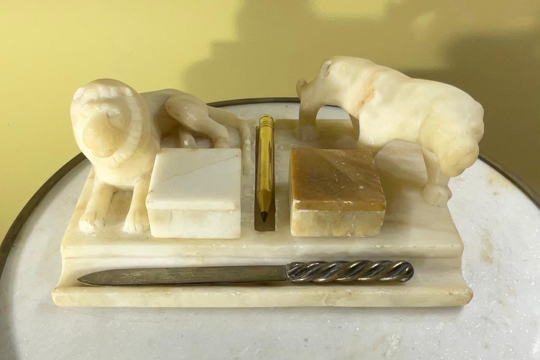 Hand-Carved Antique Italian Carved Marble Stone Inkwell For Sale