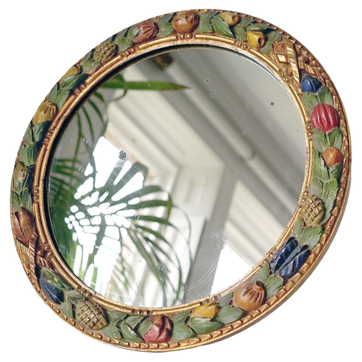 Antique Italian Carved Polychrome and Gilt Framed Circular Mirror, c.1900 For Sale