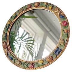Antique Italian Carved Wood Polychrome and Gilt Framed Circular Mirror, c.1900
