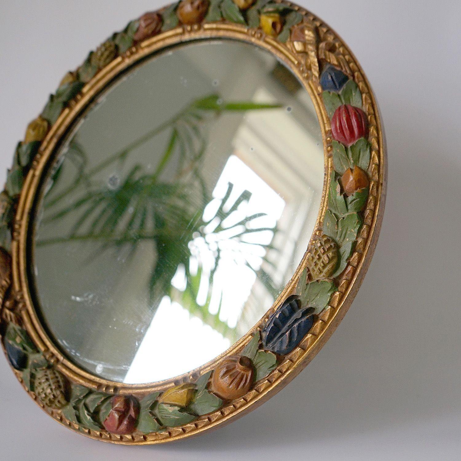 20th Century Antique Italian Carved Polychrome and Gilt Framed Circular Mirror, c.1900 For Sale