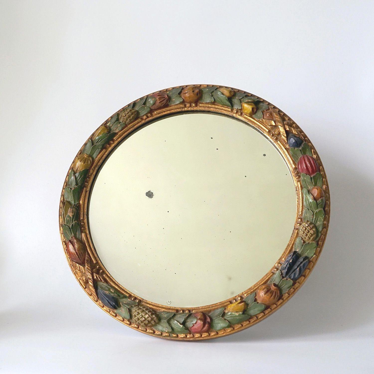 Antique Italian Carved Polychrome and Gilt Framed Circular Mirror, c.1900 In Good Condition For Sale In Bristol, GB