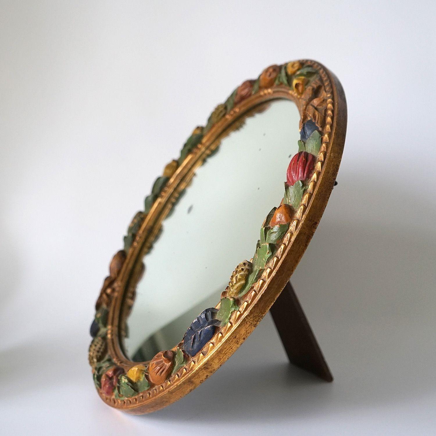Hand-Carved Antique Italian Carved Polychrome and Gilt Framed Circular Mirror, c.1900 For Sale