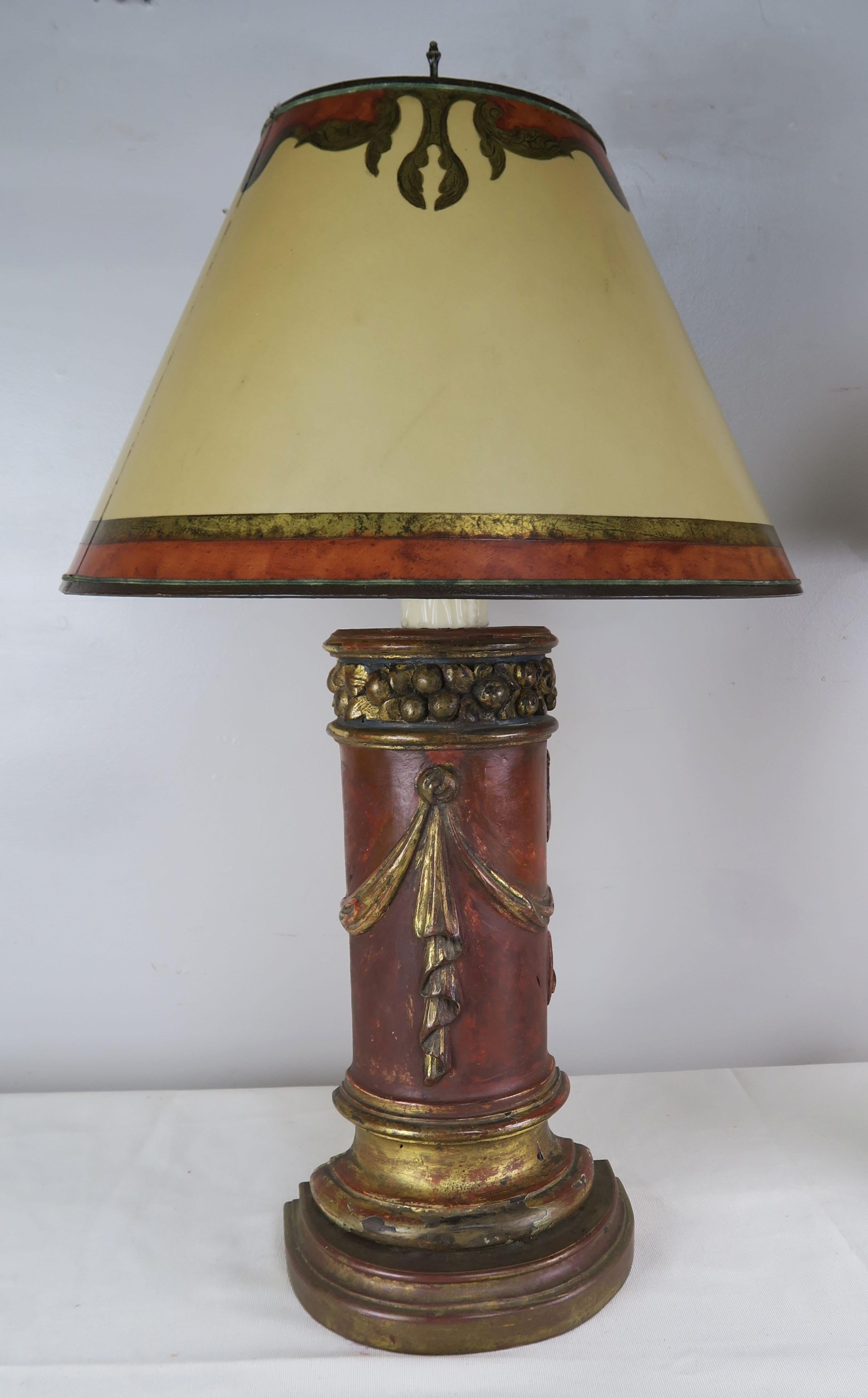 Antique Italian Carved Red and Gold Lamps, a Pair 3