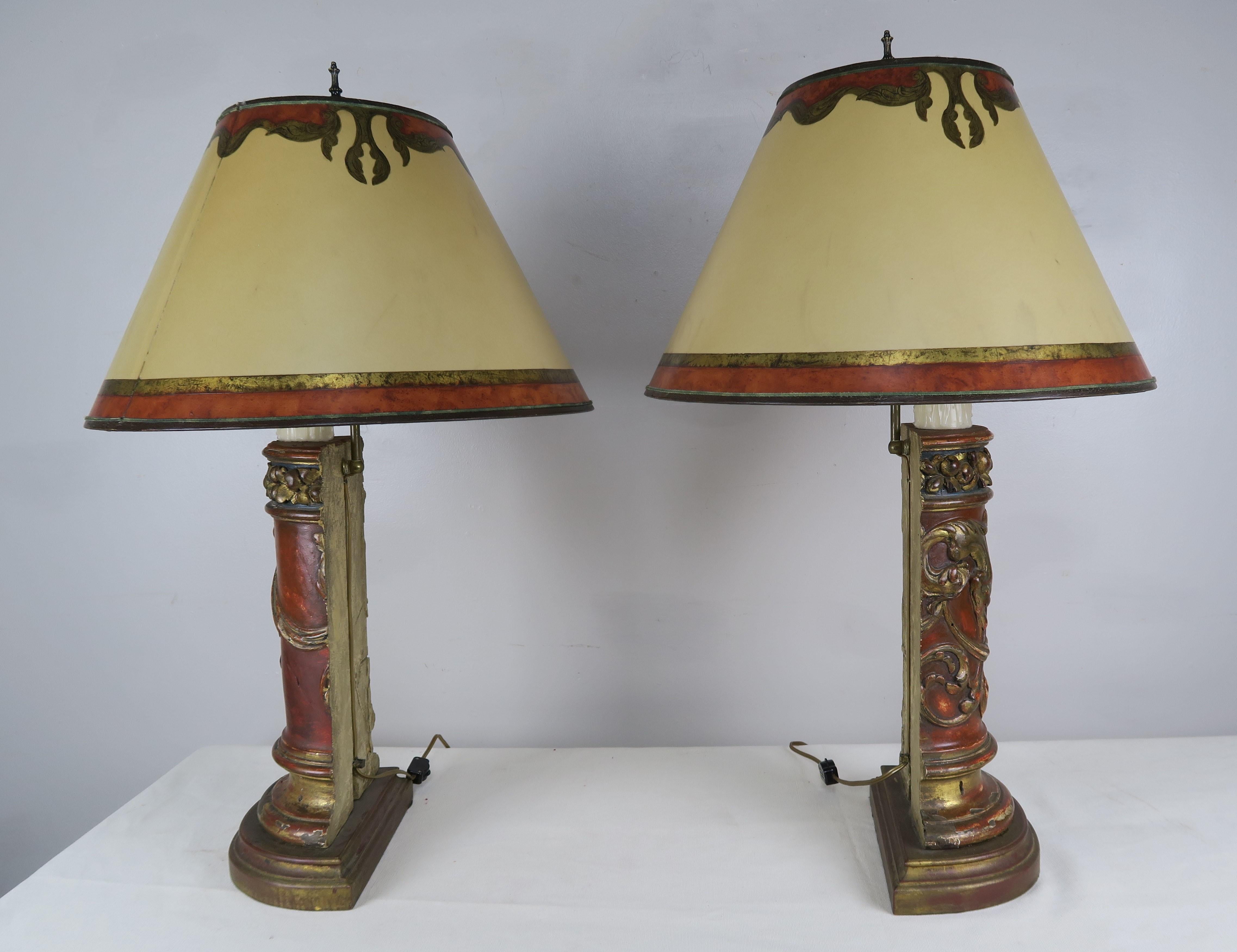 Antique Italian Carved Red and Gold Lamps, a Pair In Good Condition In Los Angeles, CA