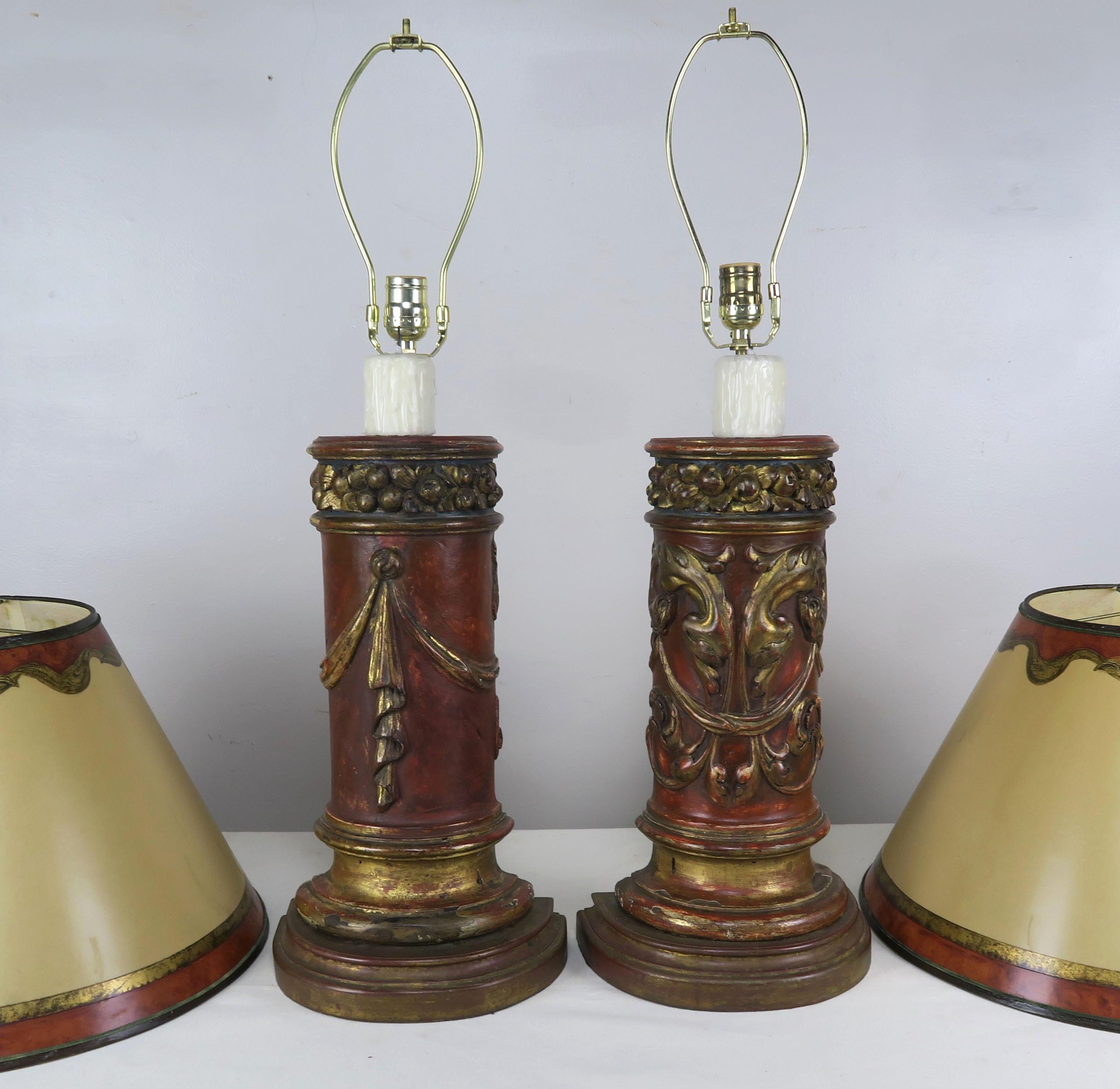 Wood Antique Italian Carved Red and Gold Lamps, a Pair