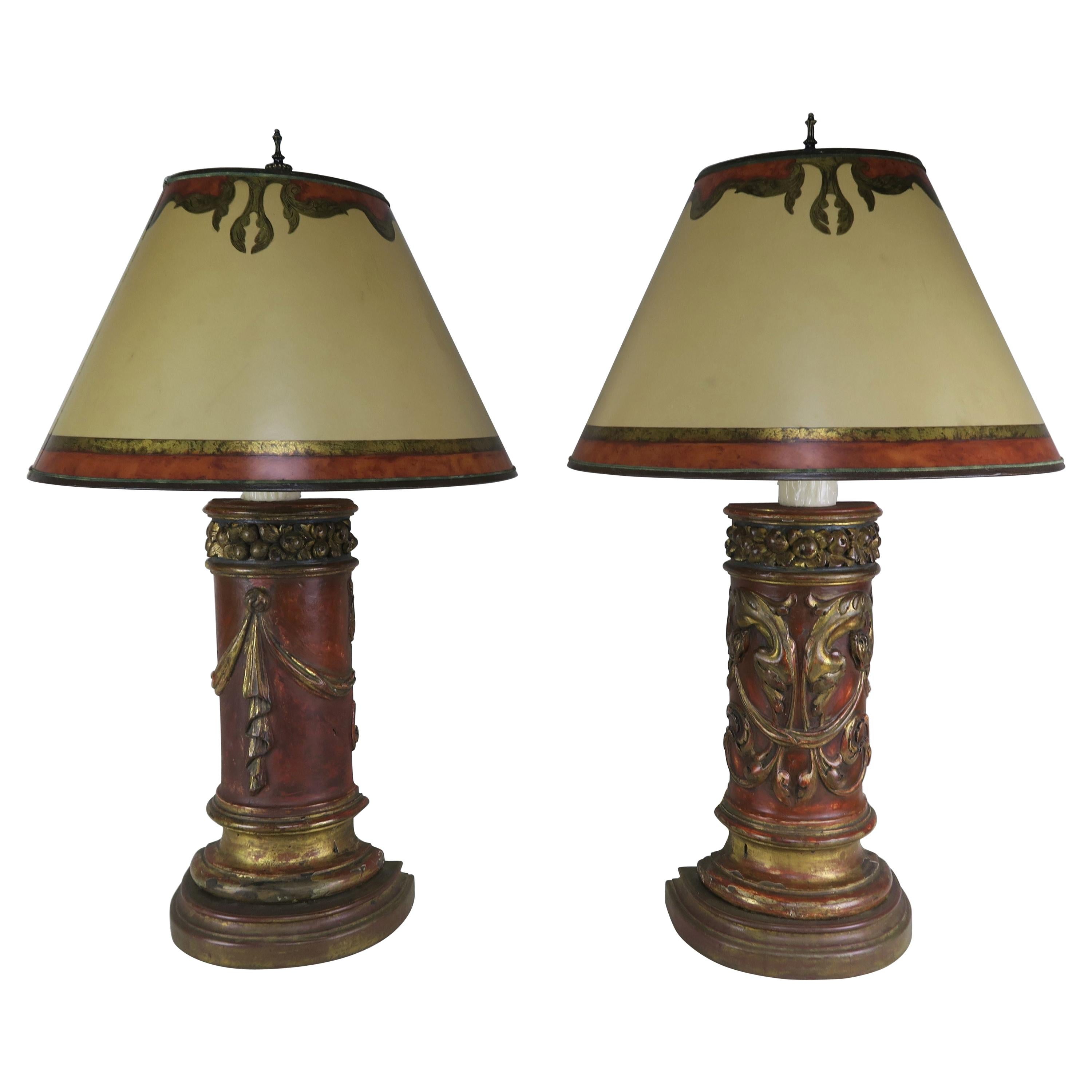 Antique Italian Carved Red and Gold Lamps, a Pair