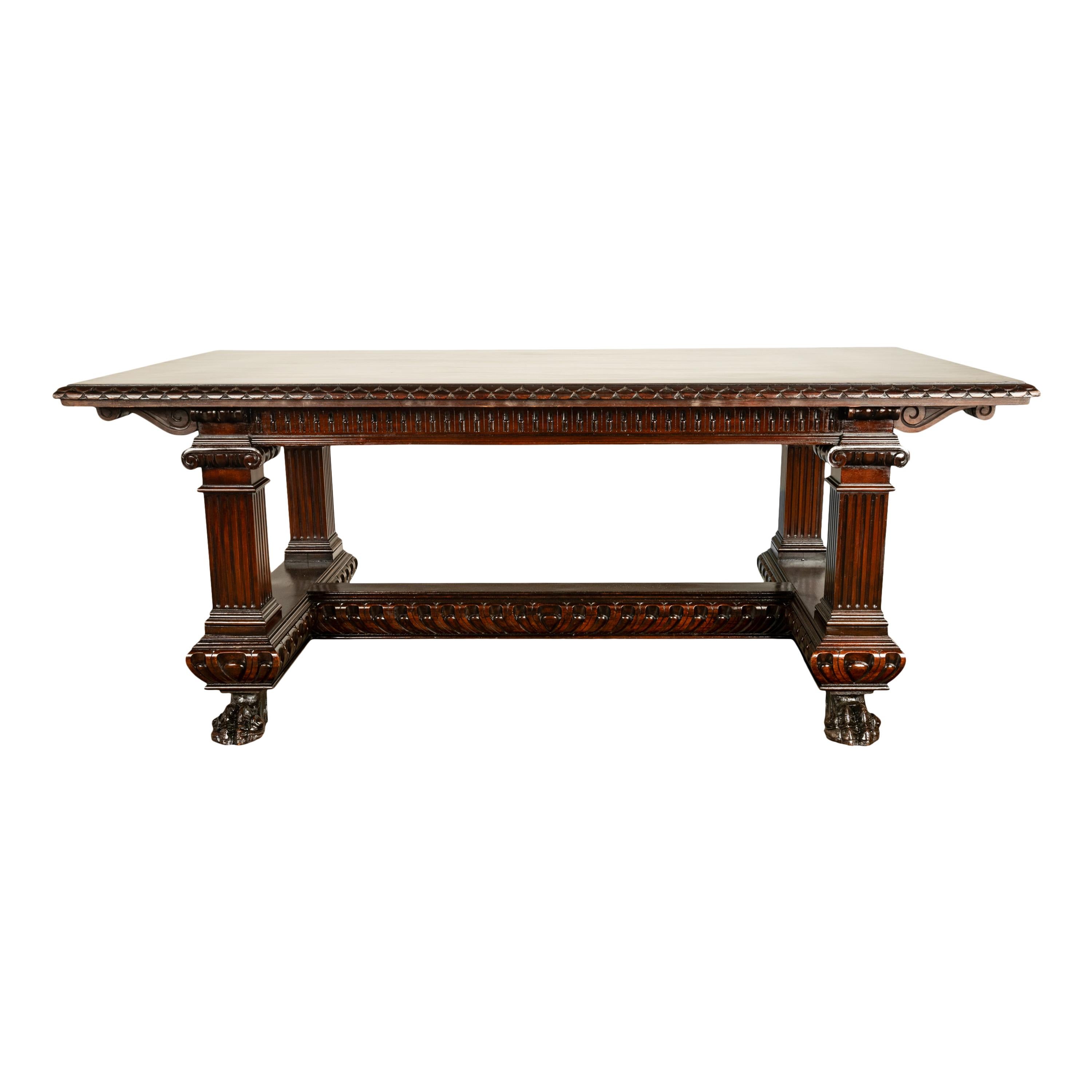 Antique Italian Carved Renaissance Revival Walnut Library Dining Table 1880 For Sale 6