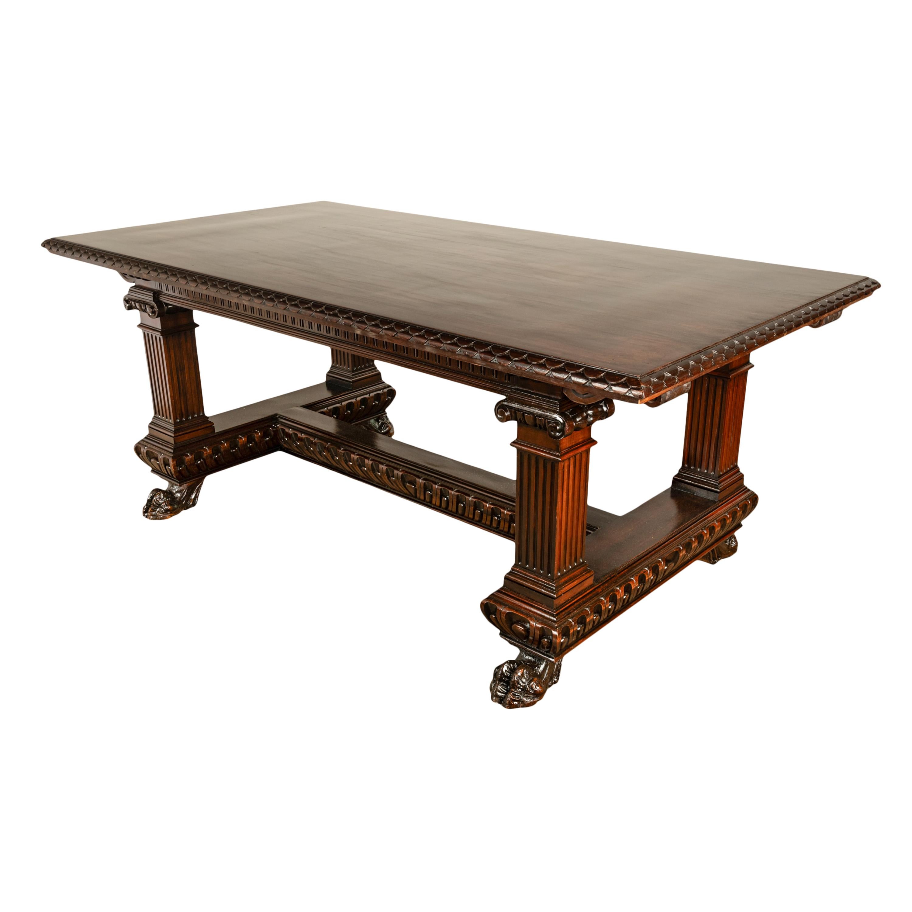 Antique Italian Carved Renaissance Revival Walnut Library Dining Table 1880 For Sale 9
