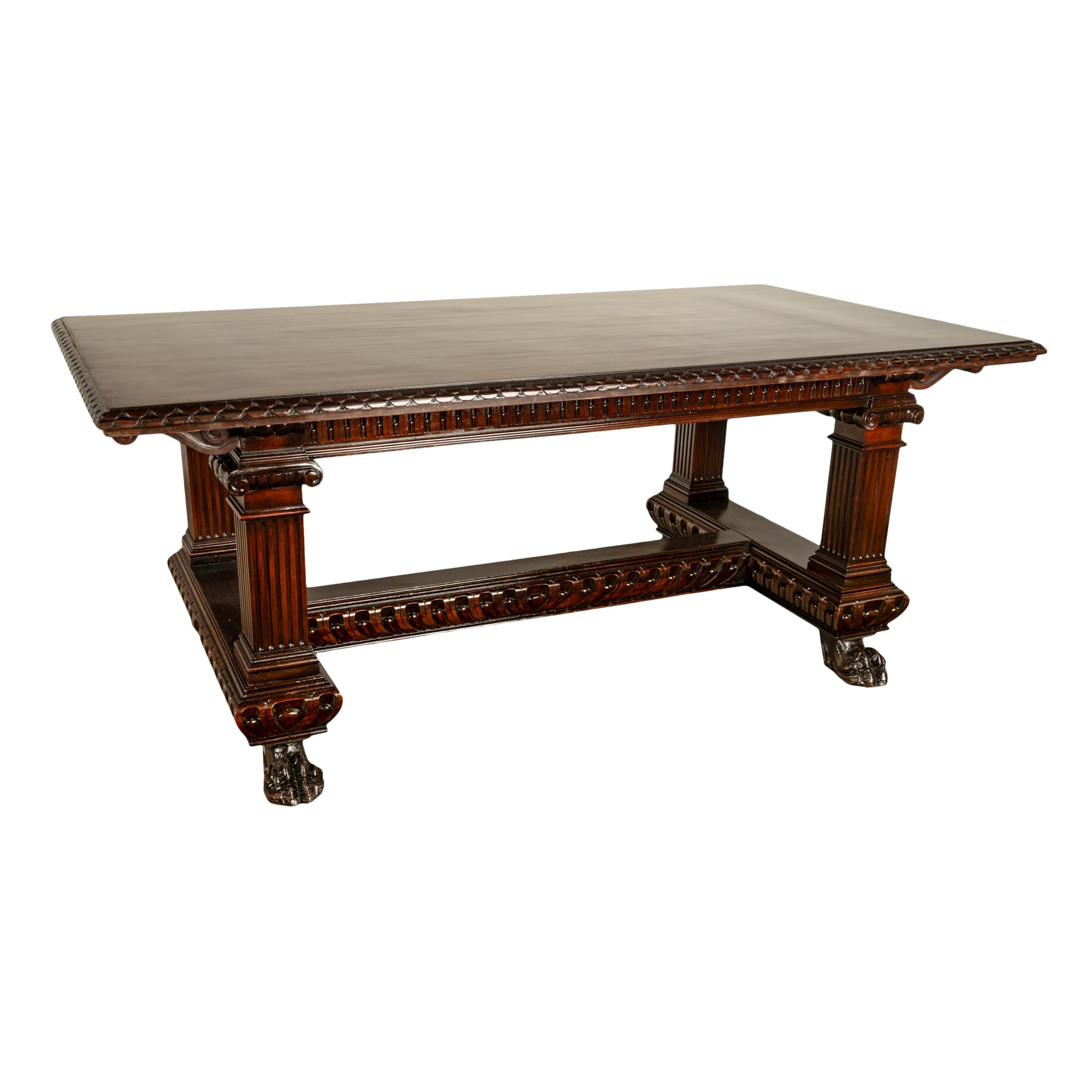 Antique Italian Carved Renaissance Revival Walnut Library Dining Table 1880 For Sale 10